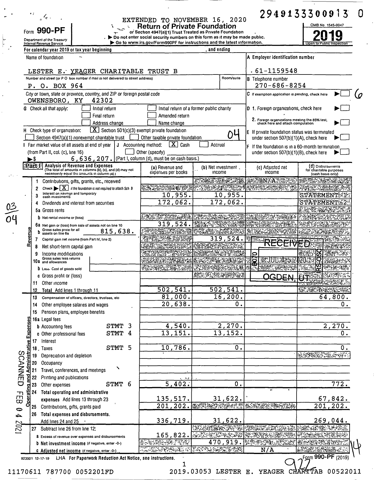 Image of first page of 2019 Form 990PF for Lester E Yeager Charitable Trust B