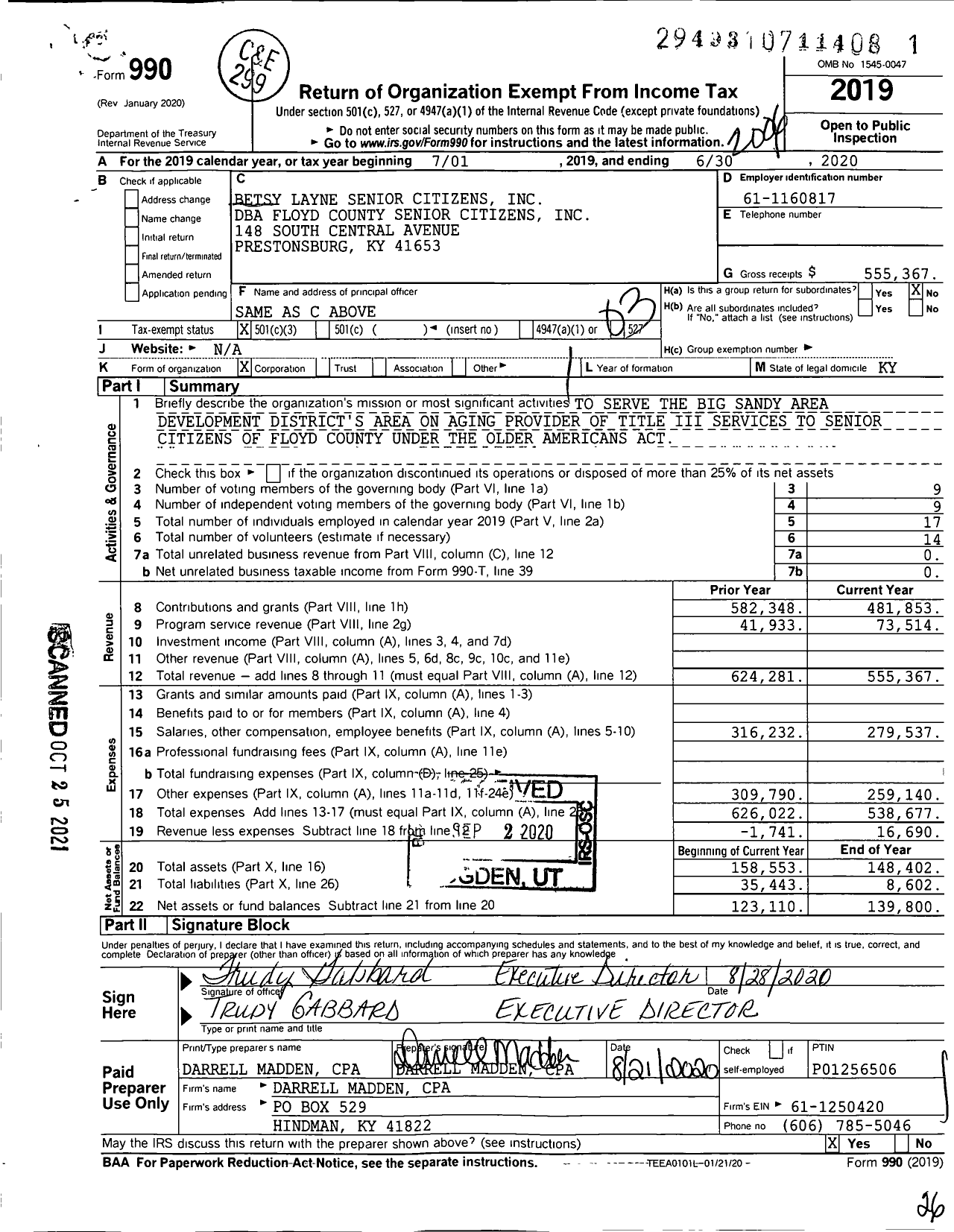 Image of first page of 2019 Form 990 for Floyd County Senior Citizens