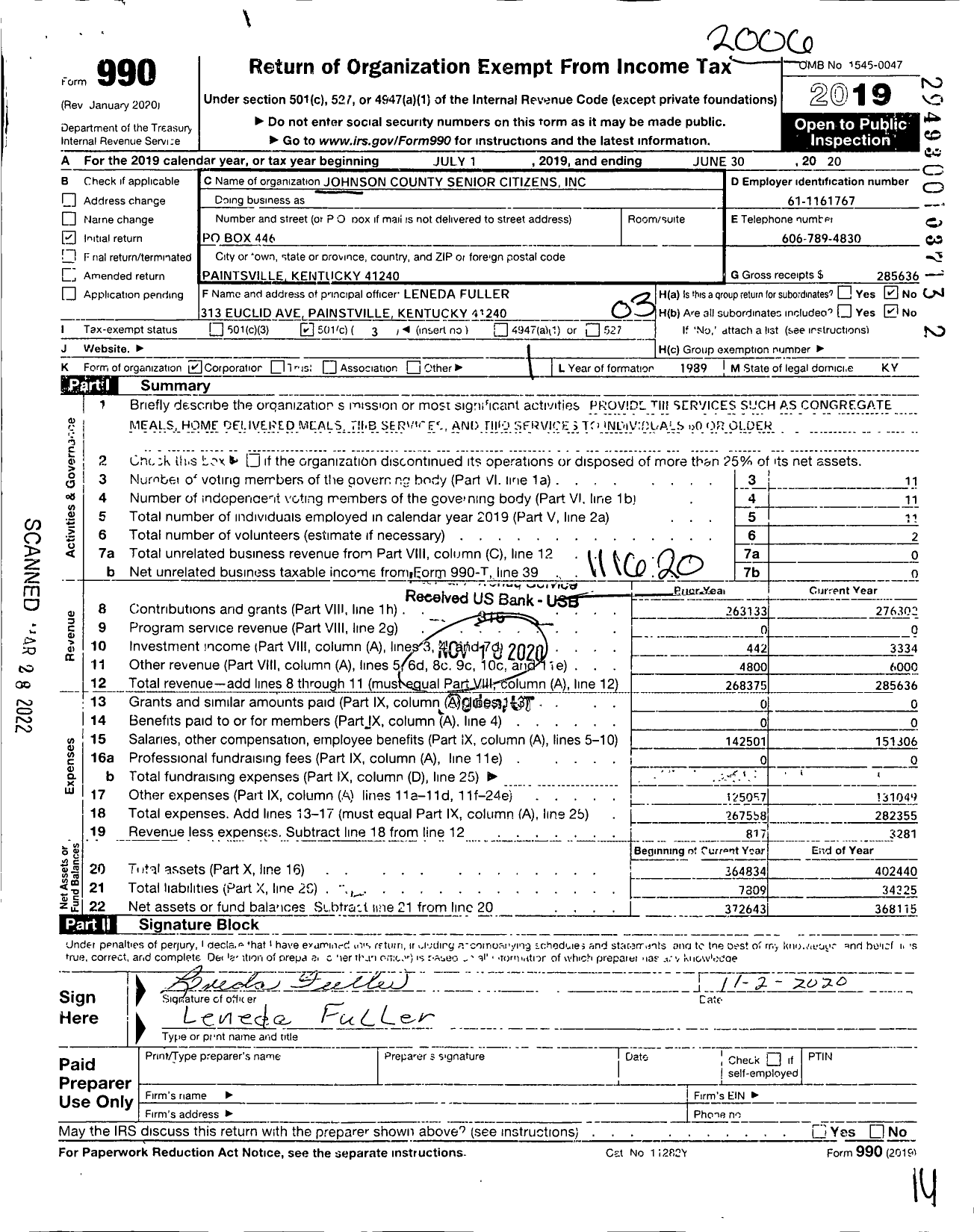 Image of first page of 2019 Form 990 for Johnson County Senior Citizens Program