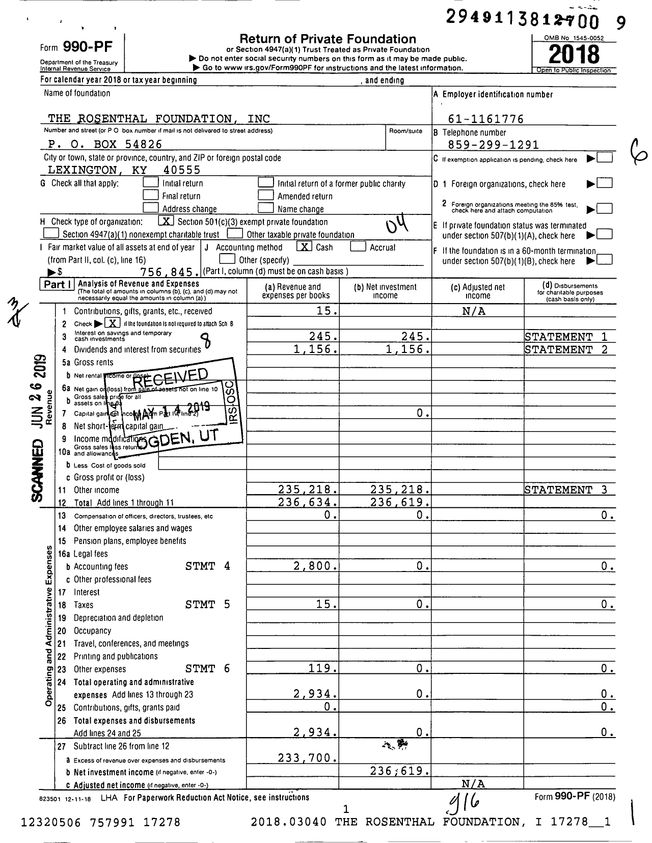 Image of first page of 2018 Form 990PF for The Rosenthal Foundation