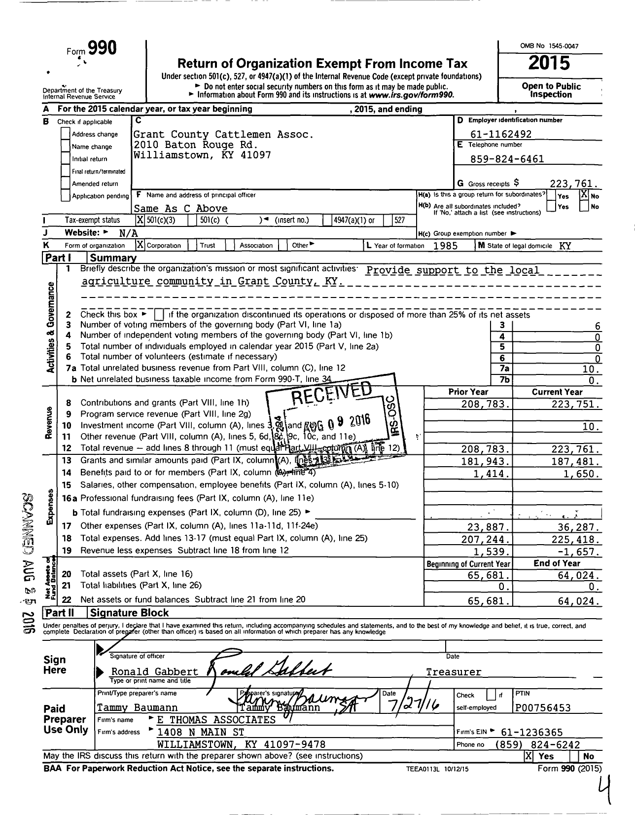 Image of first page of 2015 Form 990 for Grant County Cattlemen Association