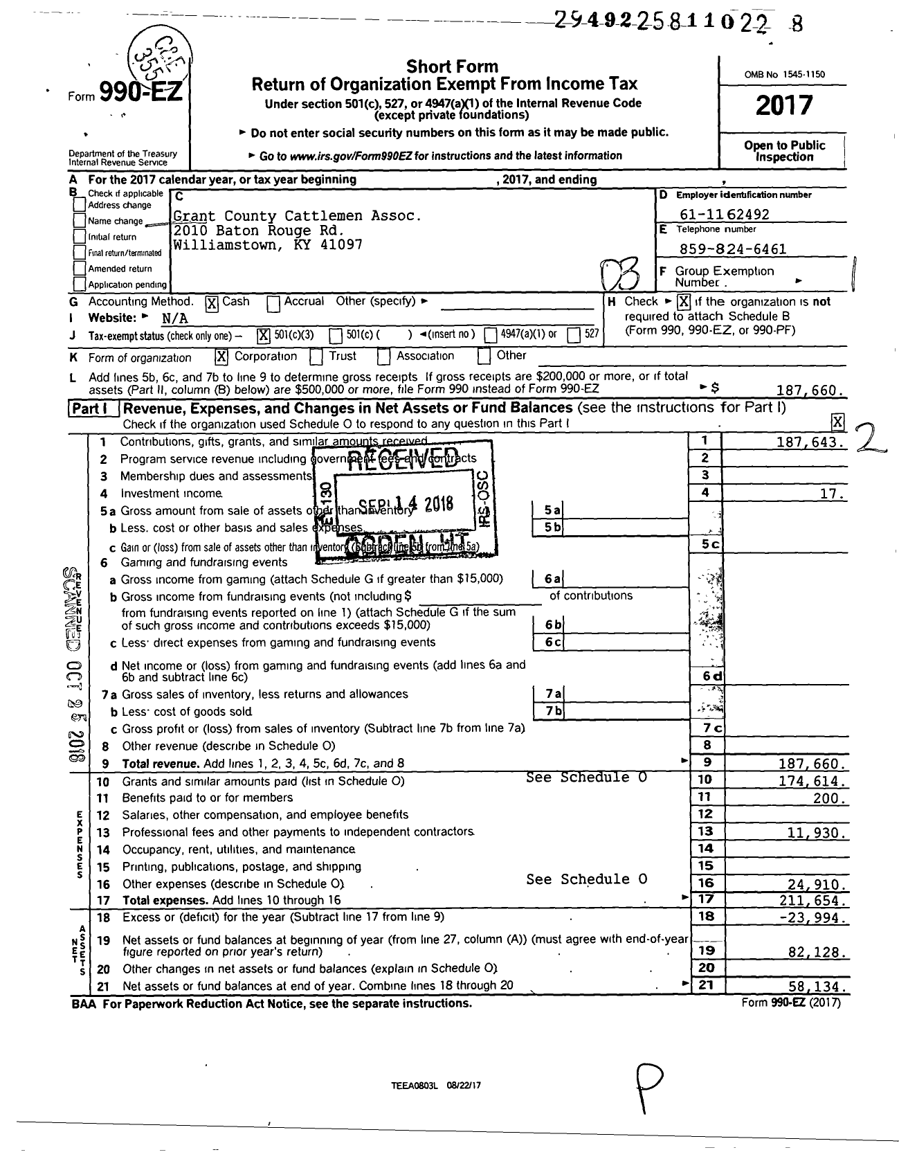 Image of first page of 2017 Form 990EZ for Grant County Cattlemen Association