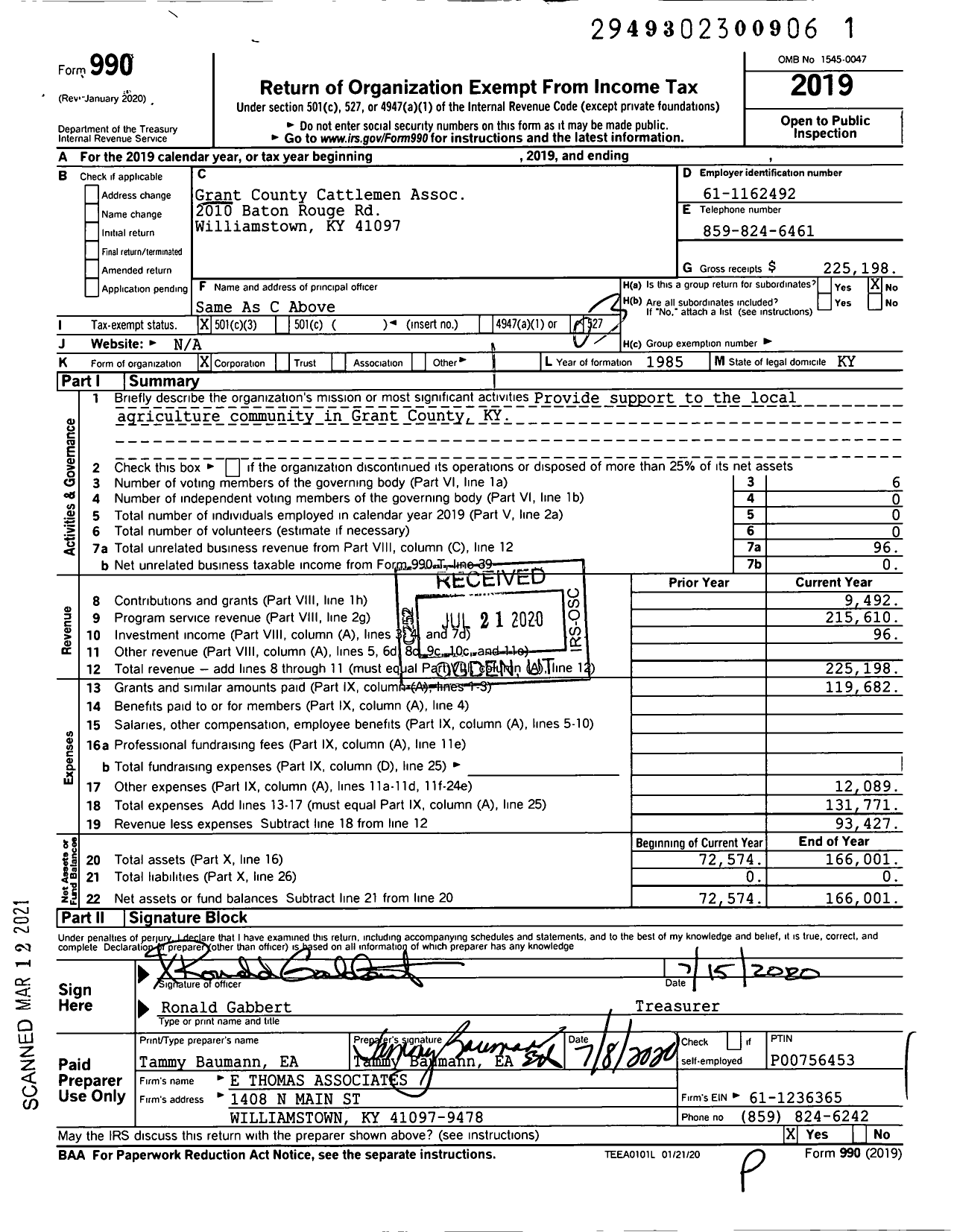 Image of first page of 2019 Form 990 for Grant County Cattlemen Association