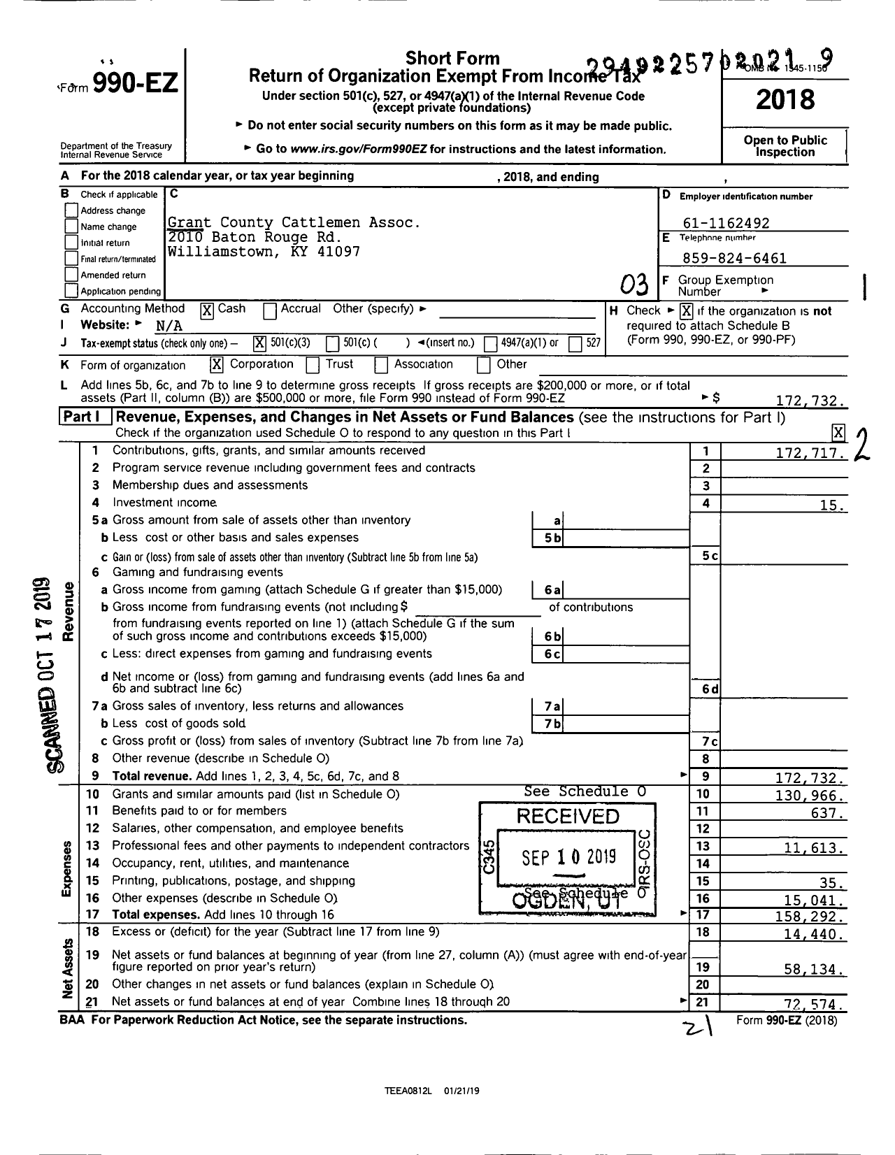 Image of first page of 2018 Form 990EZ for Grant County Cattlemen Association