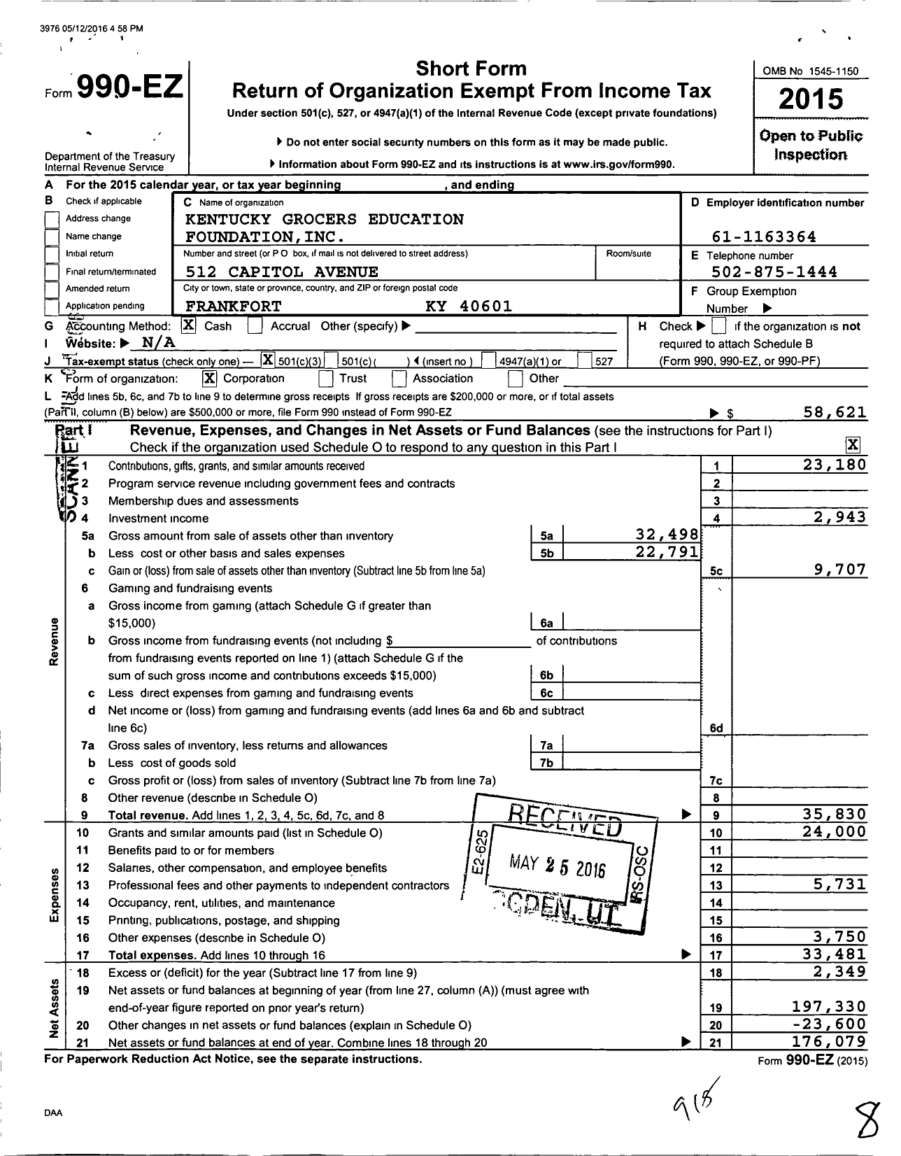 Image of first page of 2015 Form 990EZ for Kentucky Grocers Education Foundation