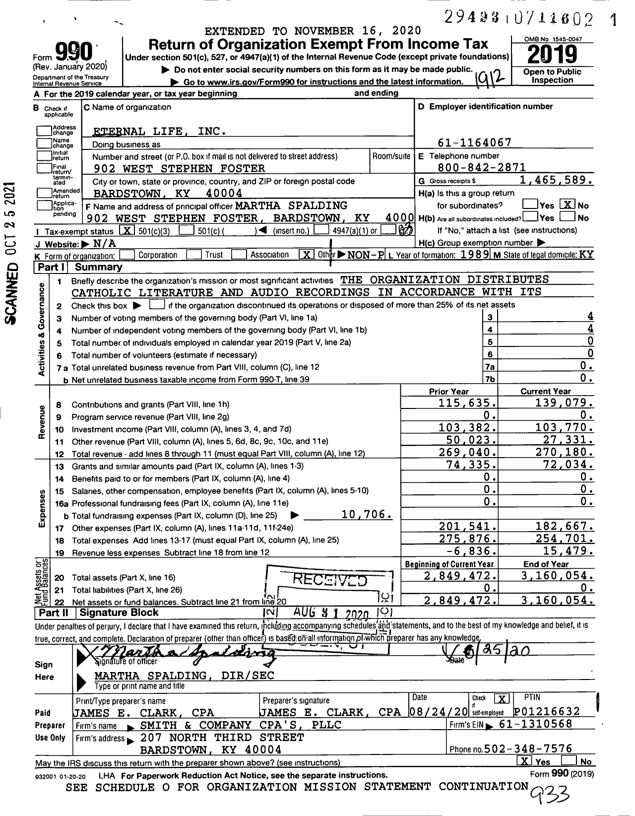 Image of first page of 2019 Form 990 for Eternal Life