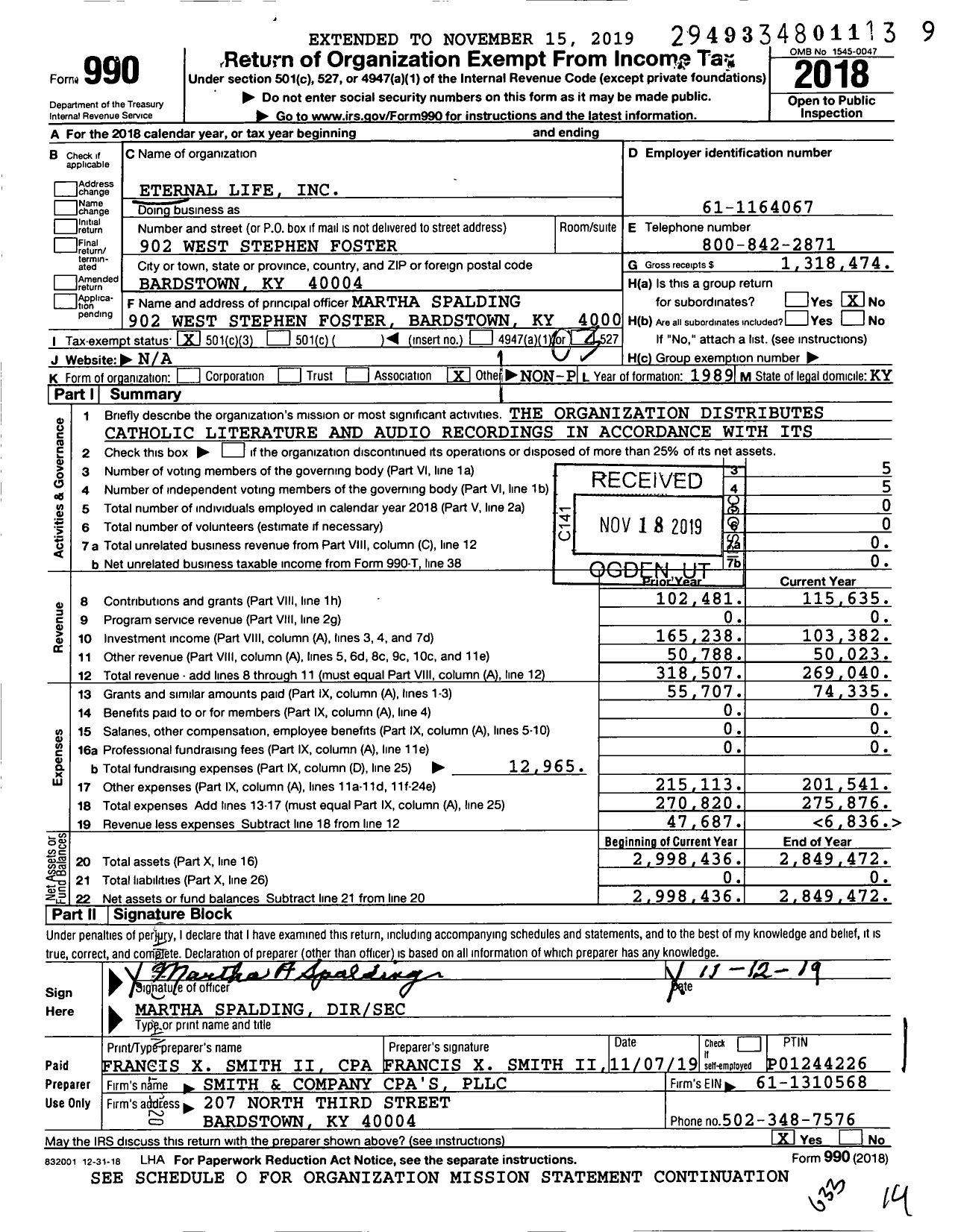 Image of first page of 2018 Form 990 for Eternal Life