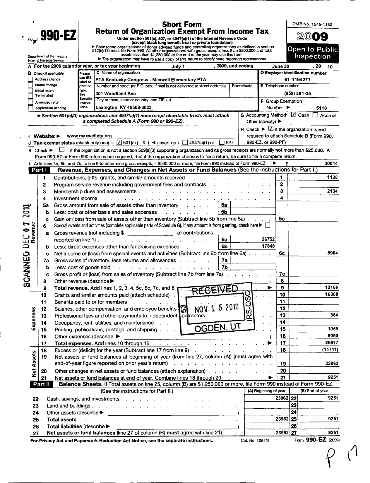 Image of first page of 2009 Form 990EZ for Maxwell Elementary PTA