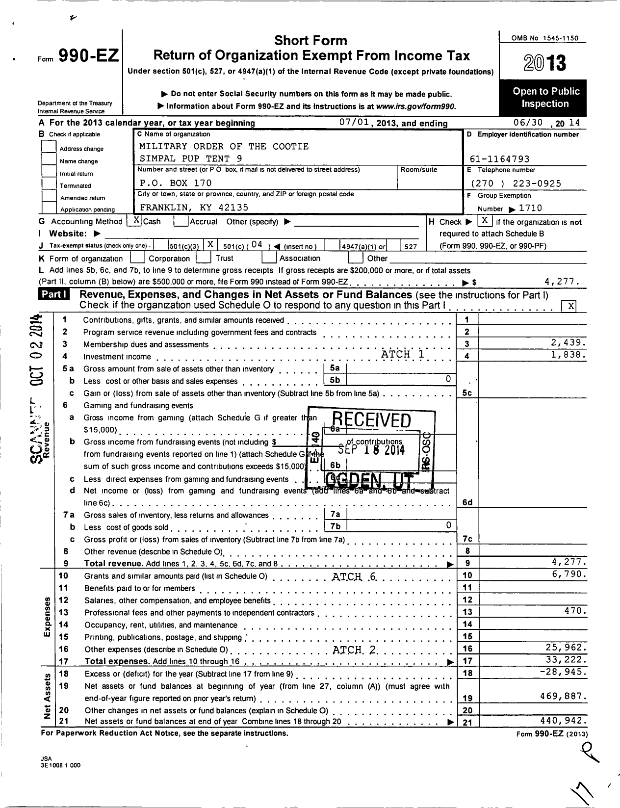 Image of first page of 2013 Form 990EO for Military Order of the Cootie of the United States Supreme Pup Tent - 9 Pup Tent Simpal