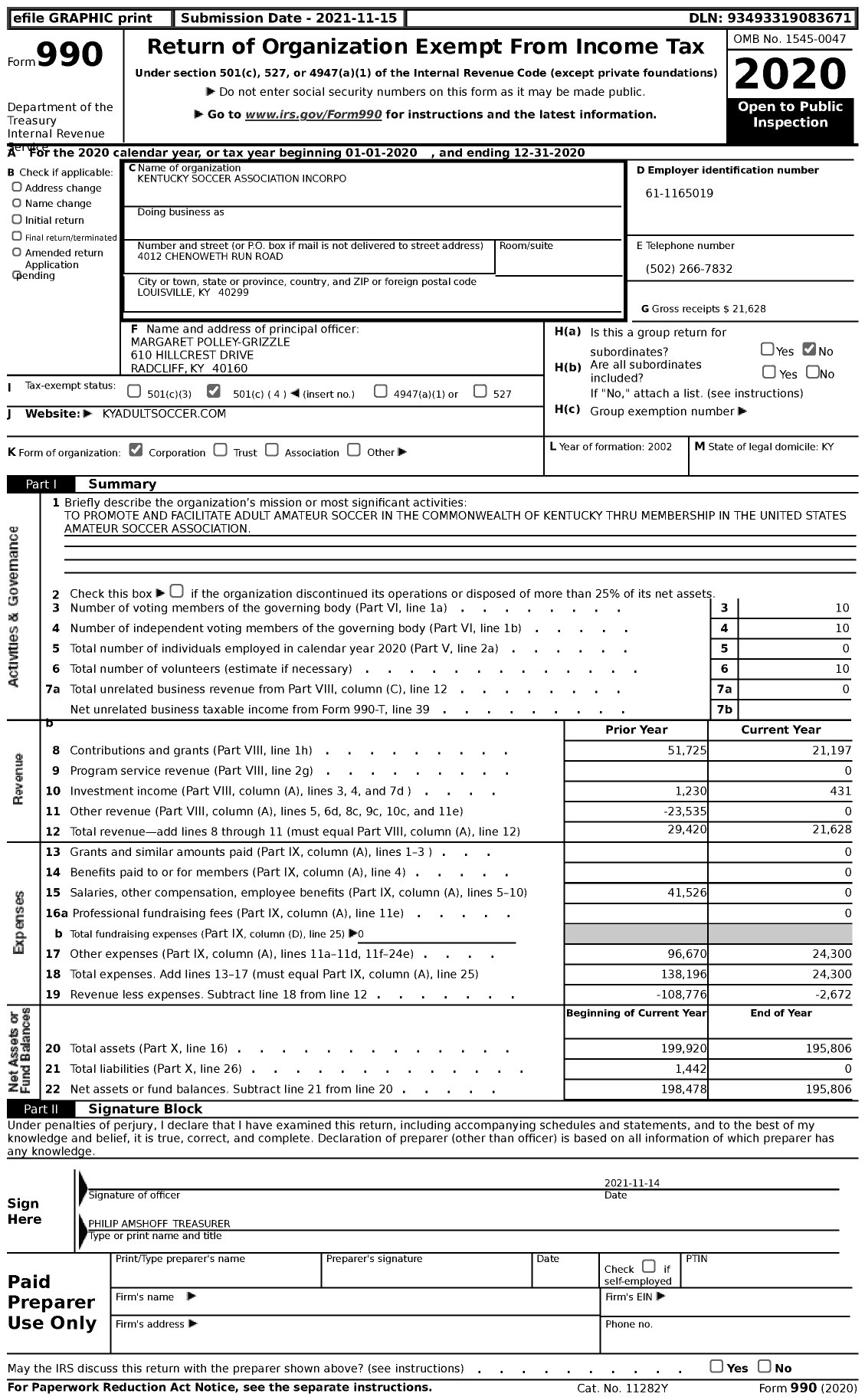 Image of first page of 2020 Form 990 for Kentucky Soccer Association Incorporated