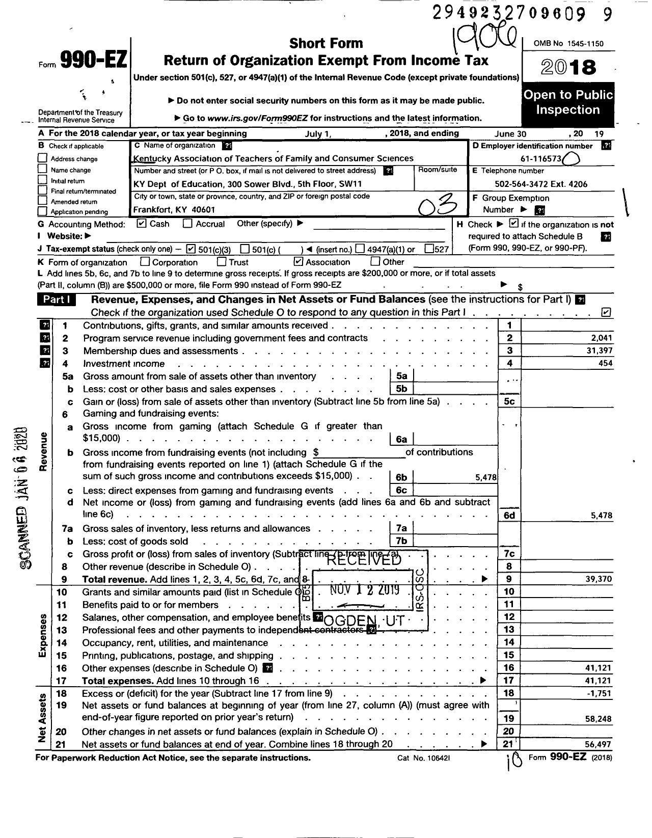 Image of first page of 2018 Form 990EZ for The Kentucky Association Teachers of Family and Consumer Sciences