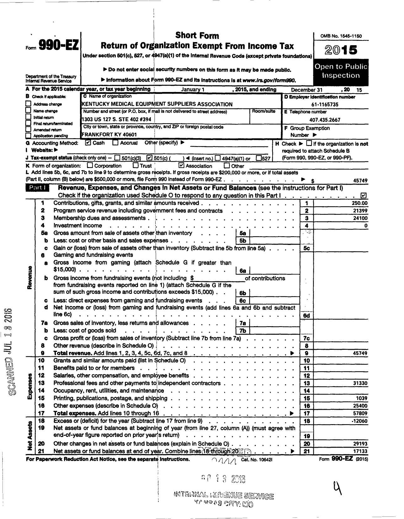 Image of first page of 2015 Form 990EO for Kentucky Medical Equipment Suppliers Association Incorporated