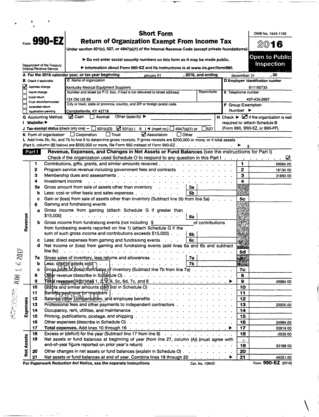 Image of first page of 2016 Form 990EO for Kentucky Medical Equipment Suppliers Association Incorporated