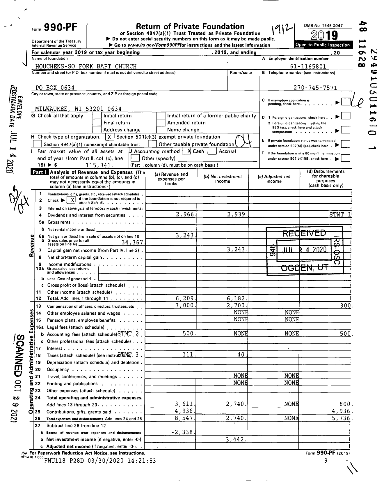 Image of first page of 2019 Form 990PF for Houchens-So Fork Bapt Church