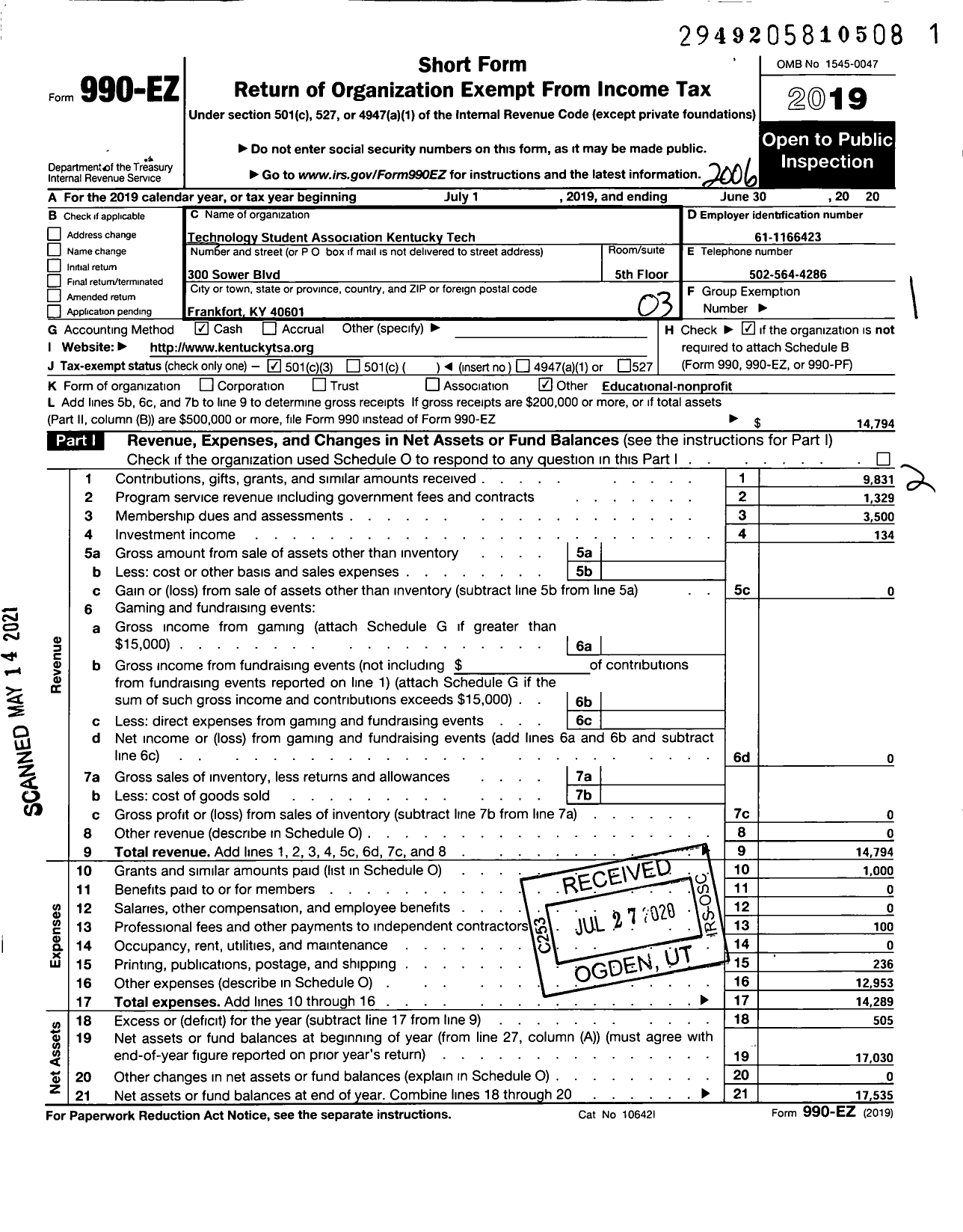 Image of first page of 2019 Form 990EZ for Technology Student Association Kentucky Tech Kentucky Technology Student Association