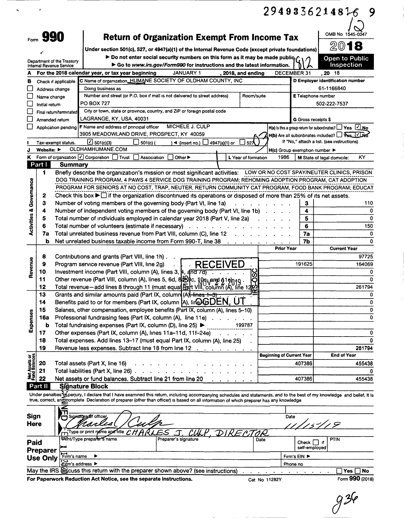 Image of first page of 2018 Form 990 for The Humane Society of Oldham County