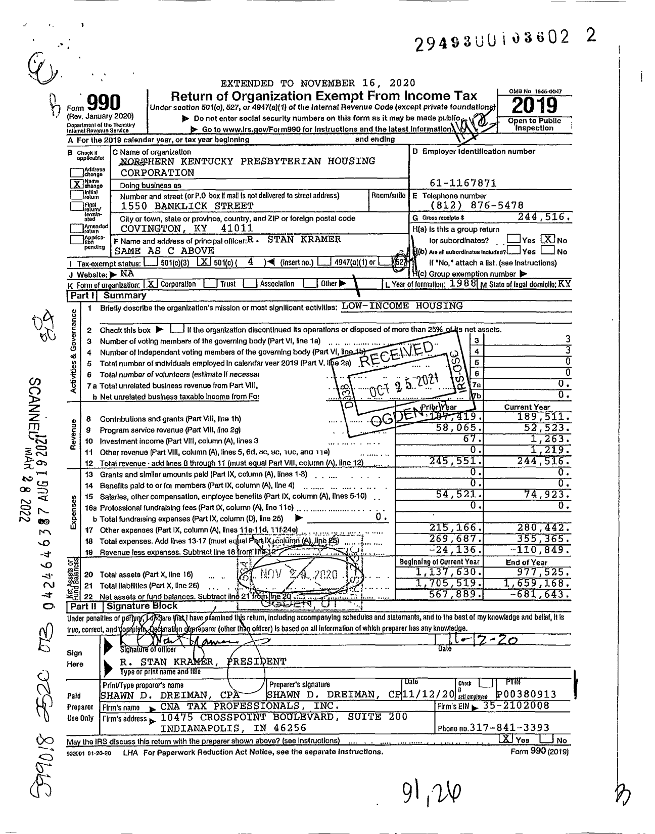 Image of first page of 2019 Form 990O for Northern Kentucky Presbyterian Housing Corporation