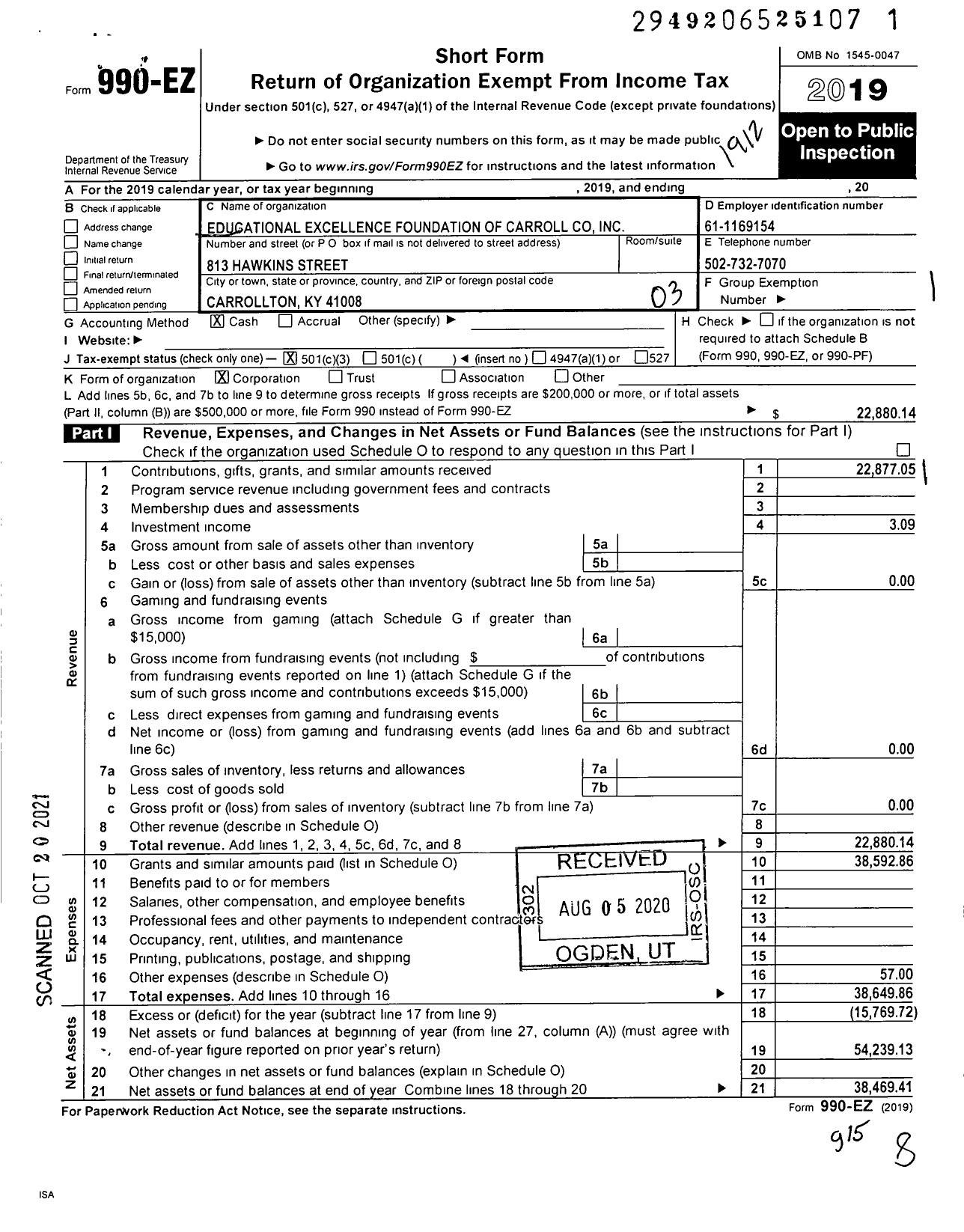 Image of first page of 2019 Form 990EZ for Educational Excellence Foundation of Carroll County