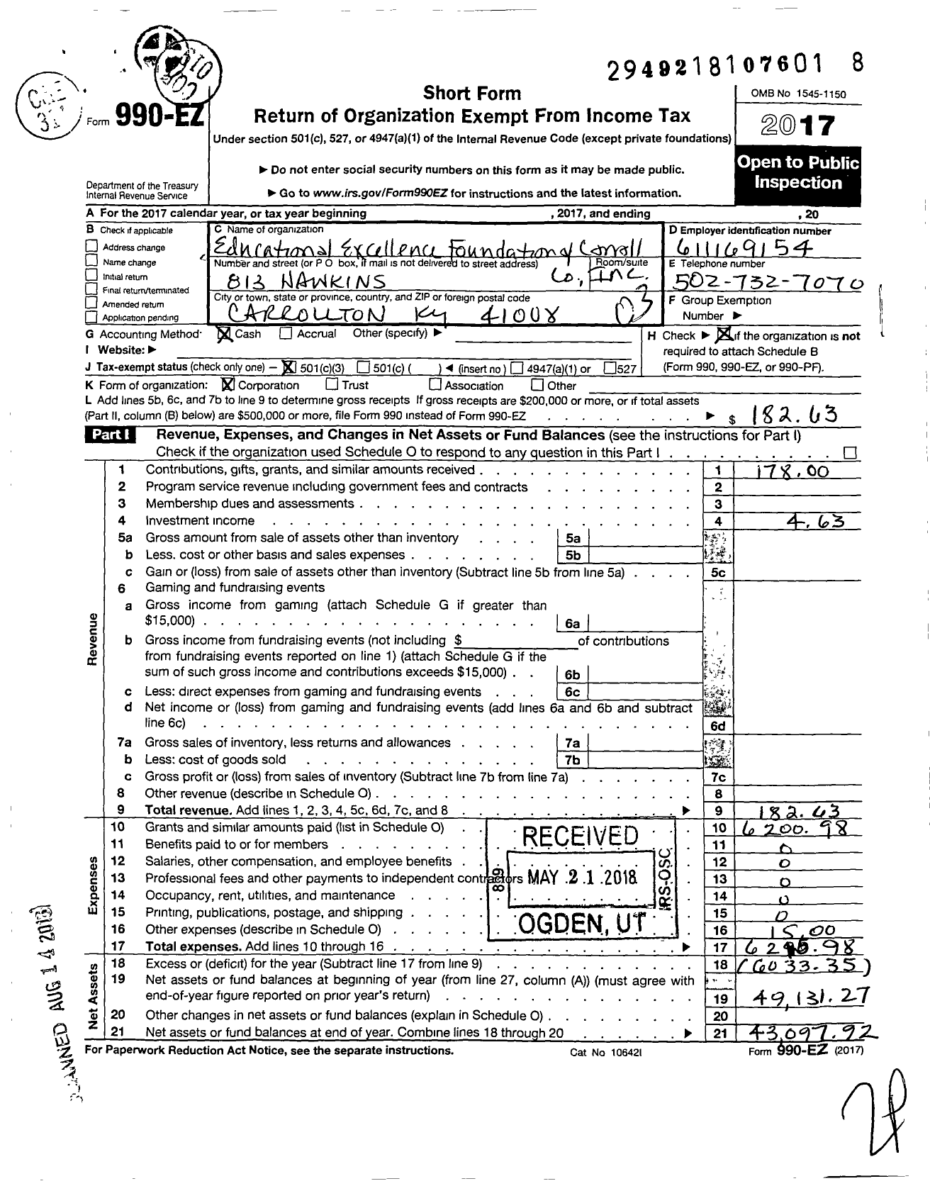 Image of first page of 2017 Form 990EZ for Educational Excellence Foundation of Carroll County