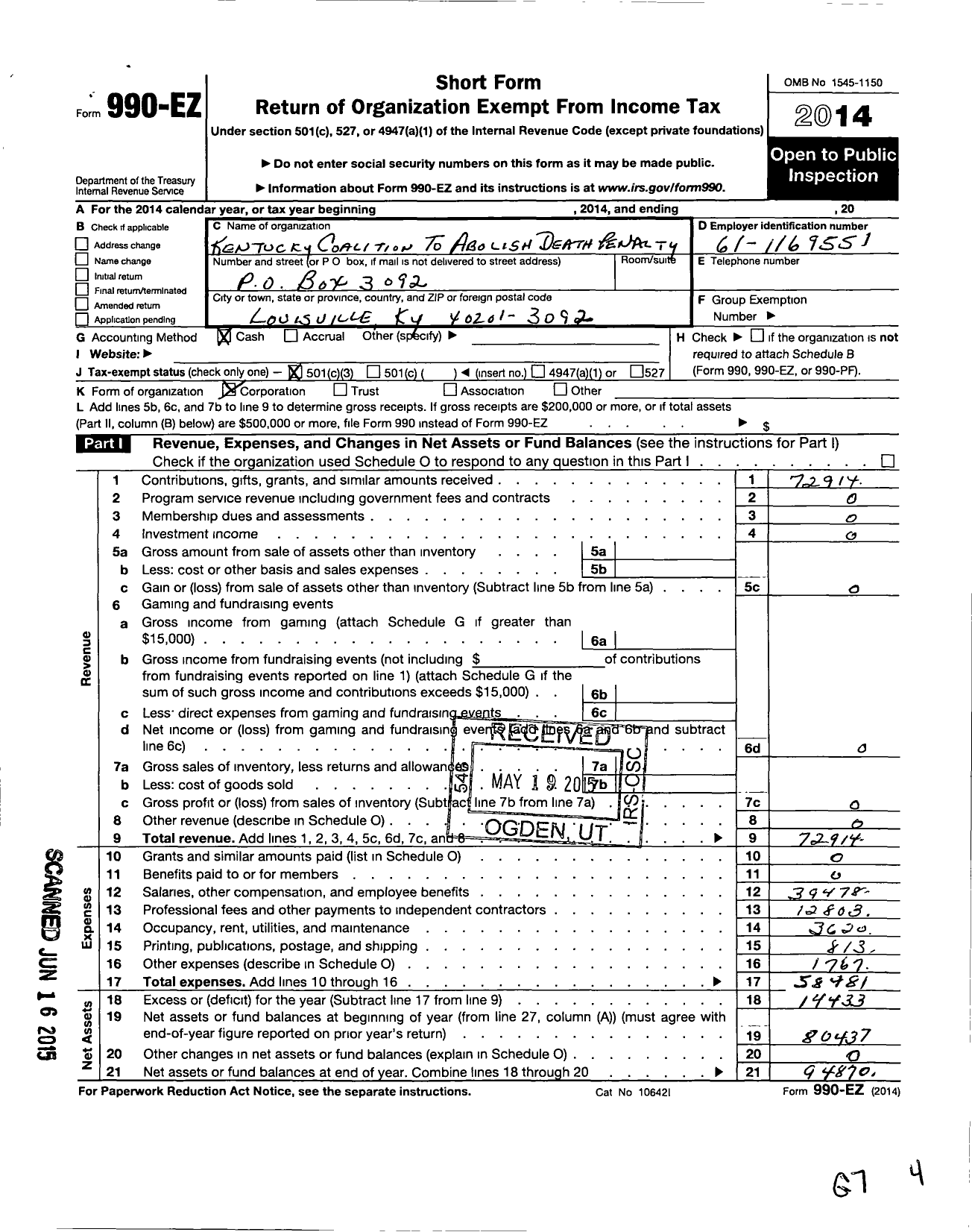 Image of first page of 2014 Form 990EZ for Kentucky Coalition To Abolish the Death Penalty