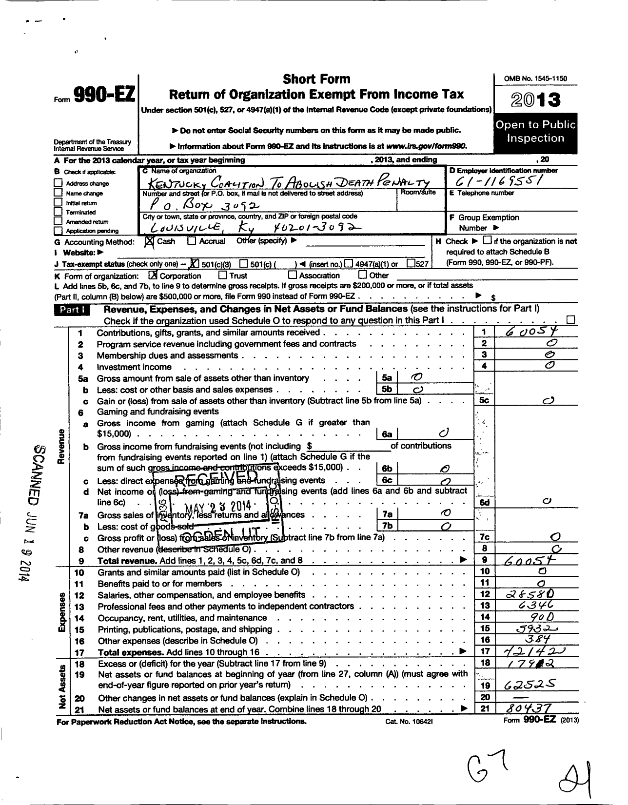 Image of first page of 2013 Form 990EZ for Kentucky Coalition To Abolish the Death Penalty