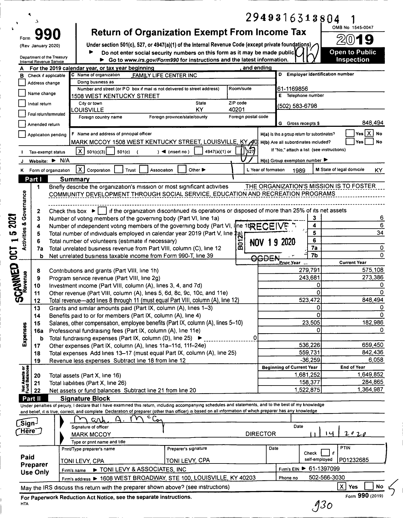 Image of first page of 2019 Form 990 for Family Life Center