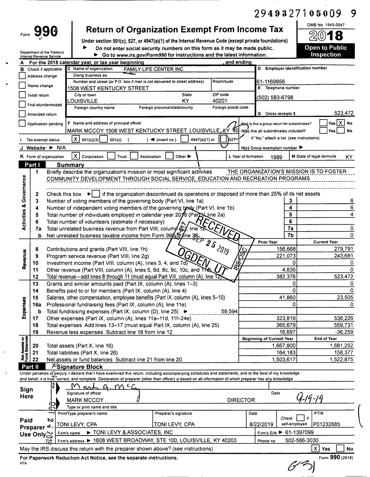 Image of first page of 2018 Form 990 for Family Life Center