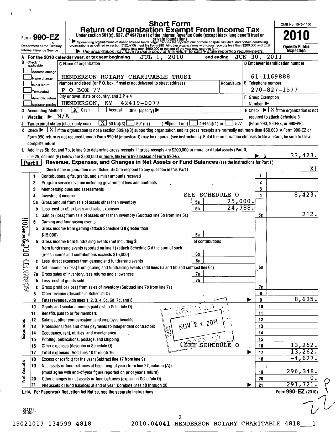 Image of first page of 2010 Form 990EZ for Henderson Rotary Charitable Trust