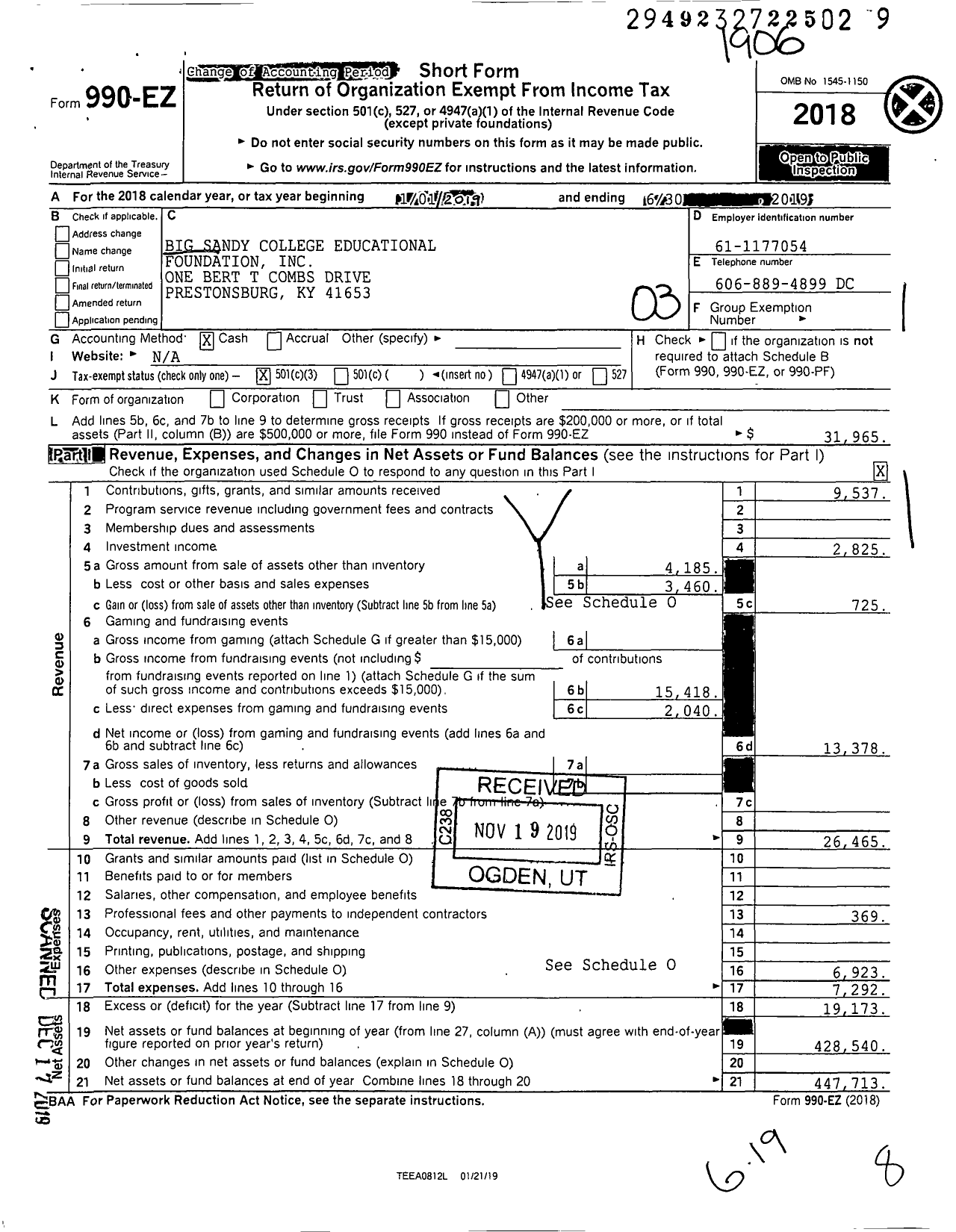 Image of first page of 2018 Form 990EZ for Big Sandy College Educational Foundation