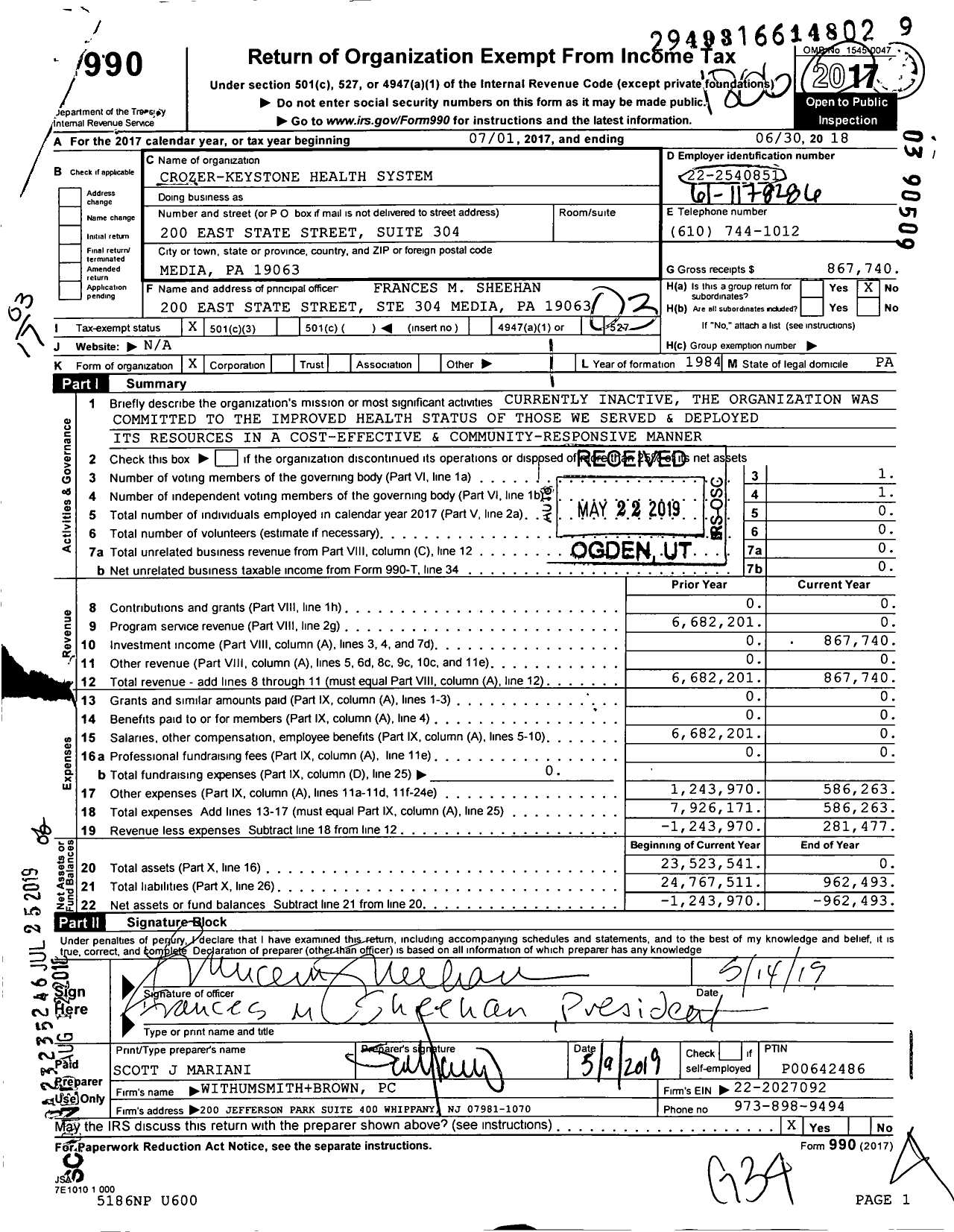Image of first page of 2017 Form 990 for Crozer-Keystone Health System