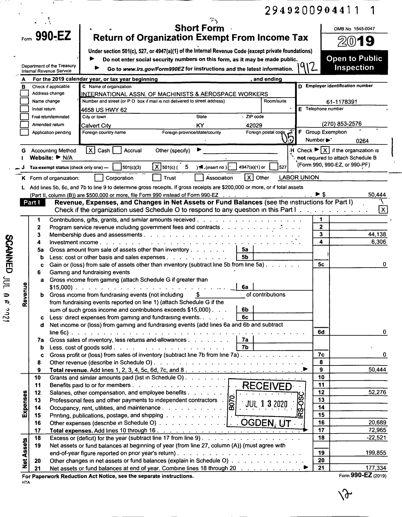 Image of first page of 2019 Form 990EO for International Association of Machinists and Aerospace Workers - 2781