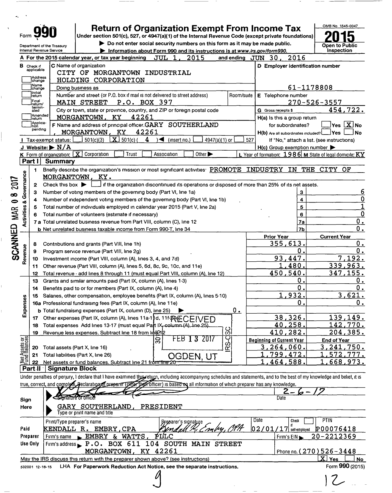 Image of first page of 2015 Form 990O for City of Morgantown Industrial Holding Corporation