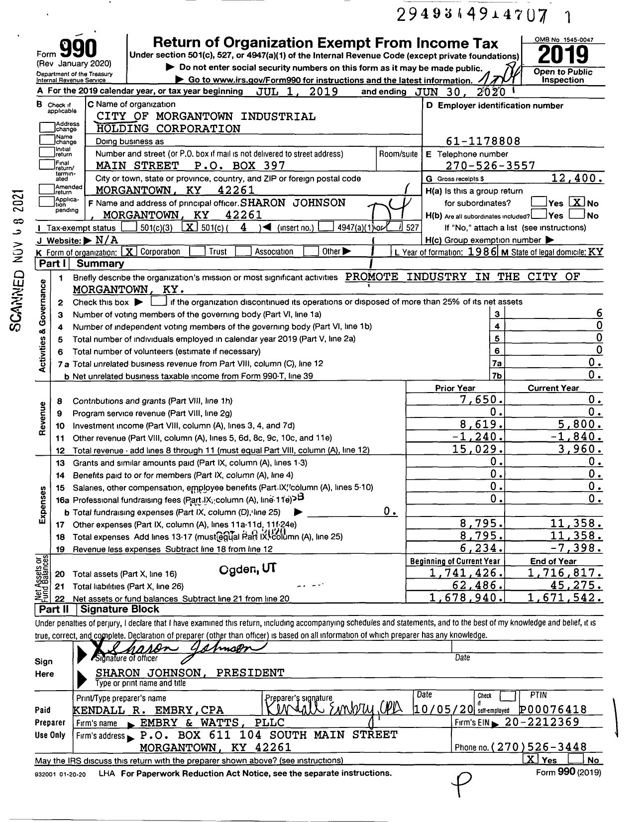 Image of first page of 2019 Form 990O for City of Morgantown Industrial Holding Corporation