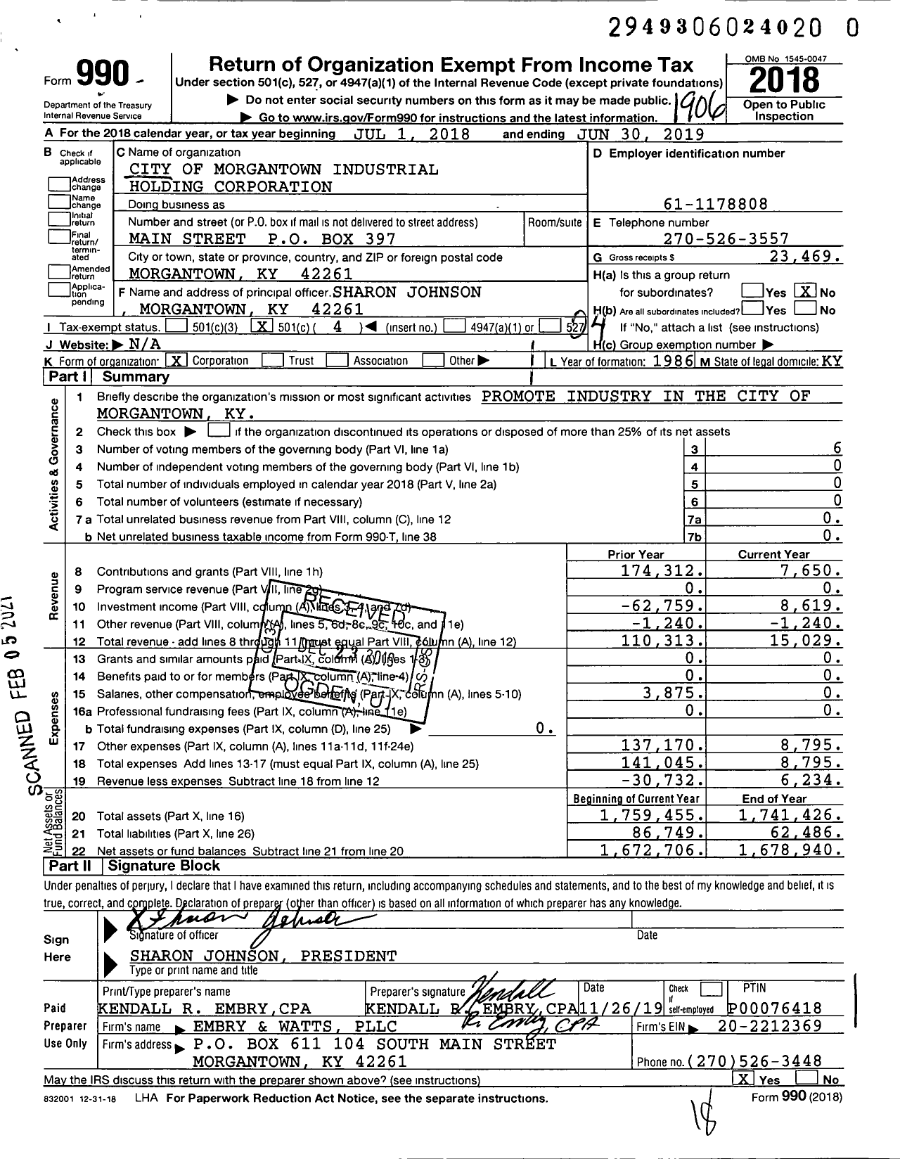 Image of first page of 2018 Form 990O for City of Morgantown Industrial Holding Corporation