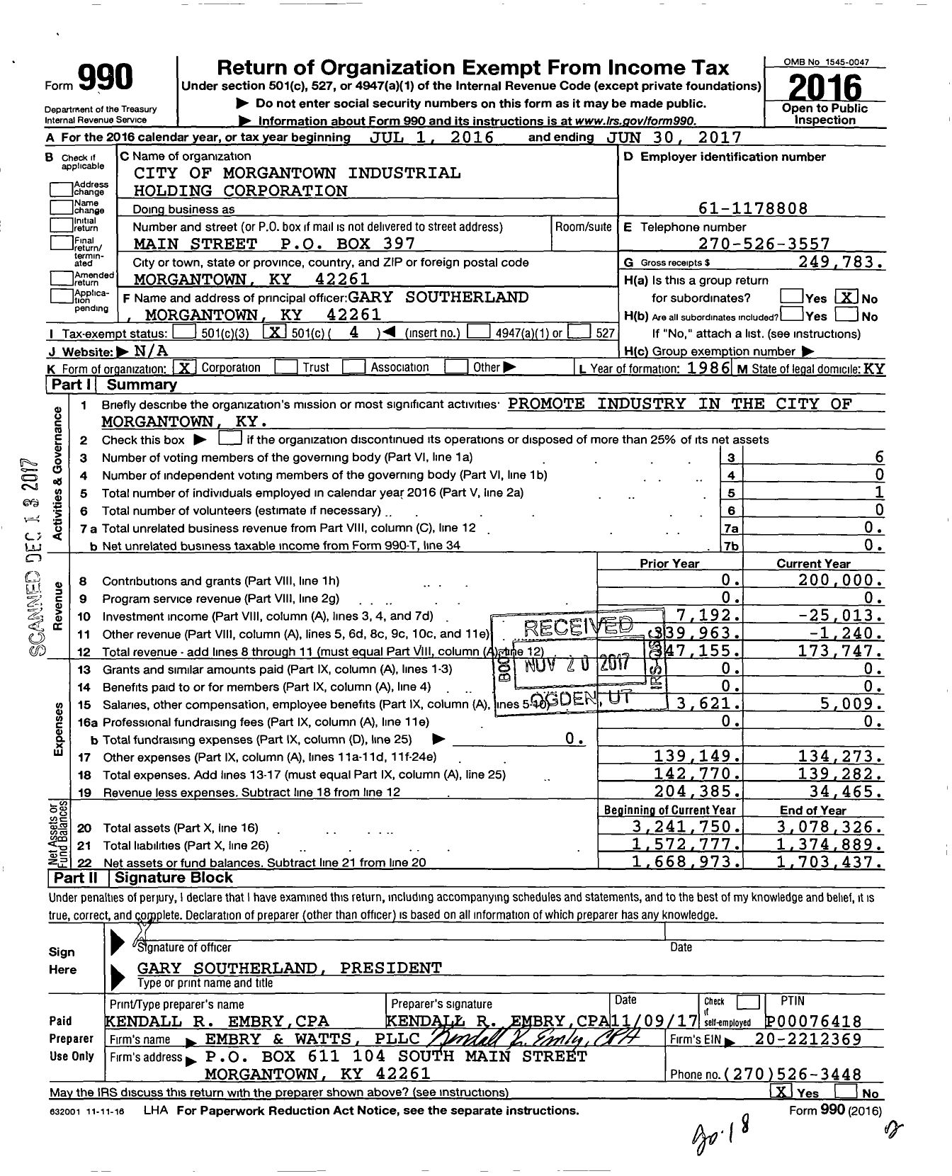 Image of first page of 2016 Form 990O for City of Morgantown Industrial Holding Corporation