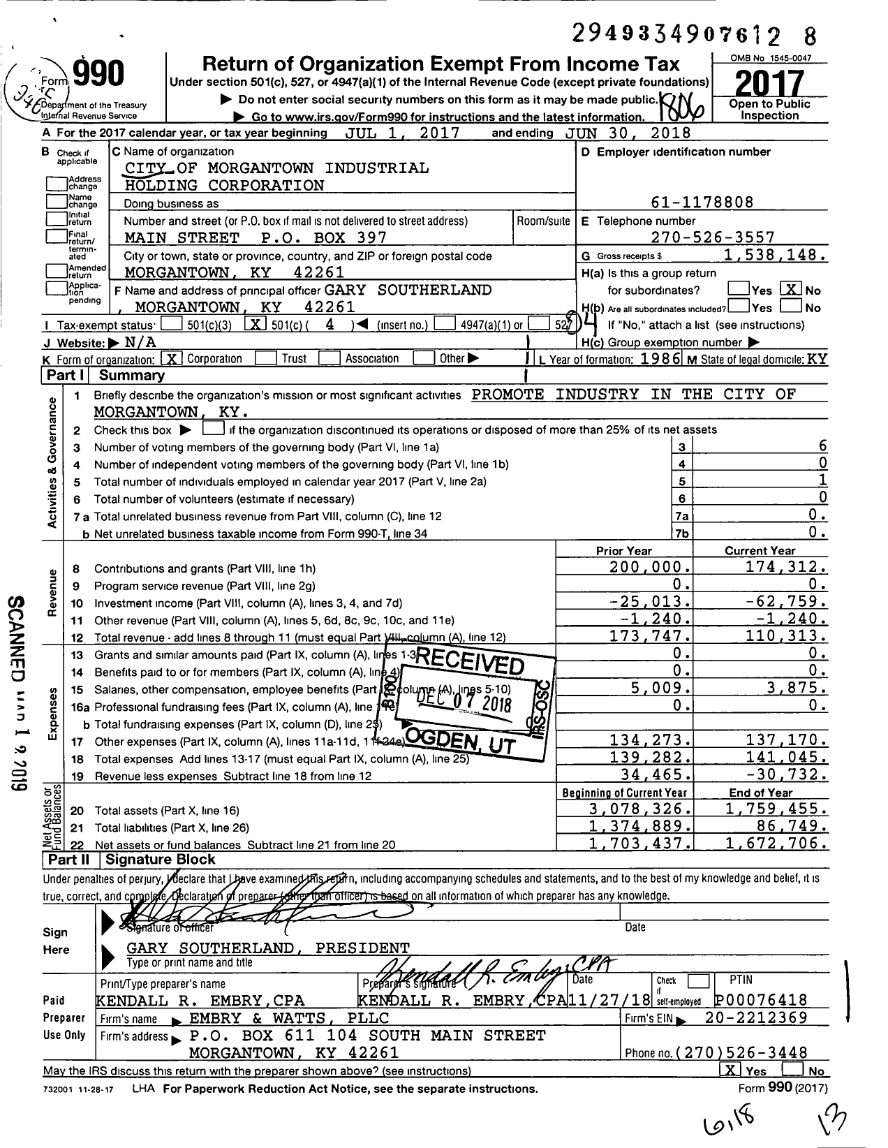 Image of first page of 2017 Form 990O for City of Morgantown Industrial Holding Corporation