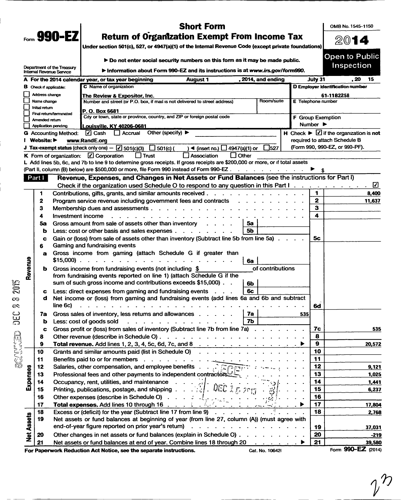 Image of first page of 2014 Form 990EZ for Review and Expositor