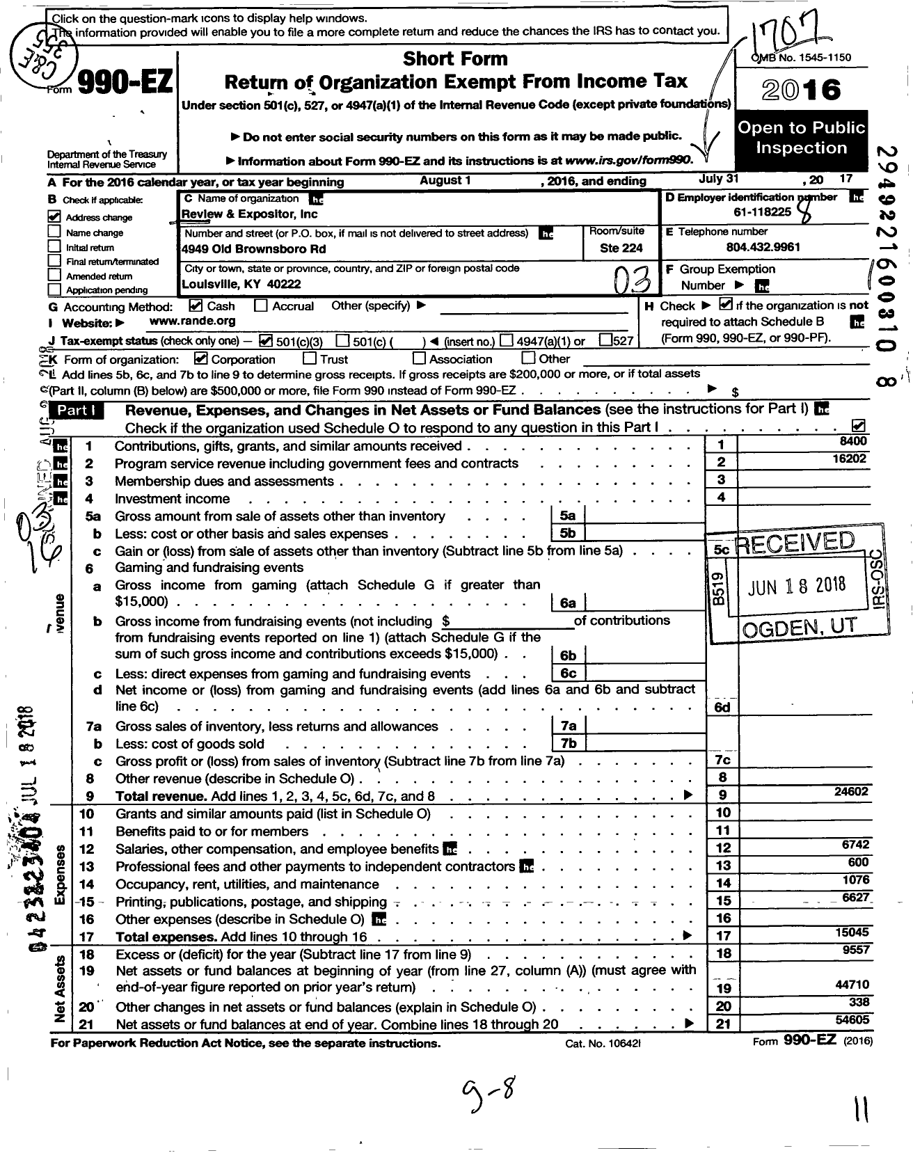 Image of first page of 2016 Form 990EZ for Review and Expositor