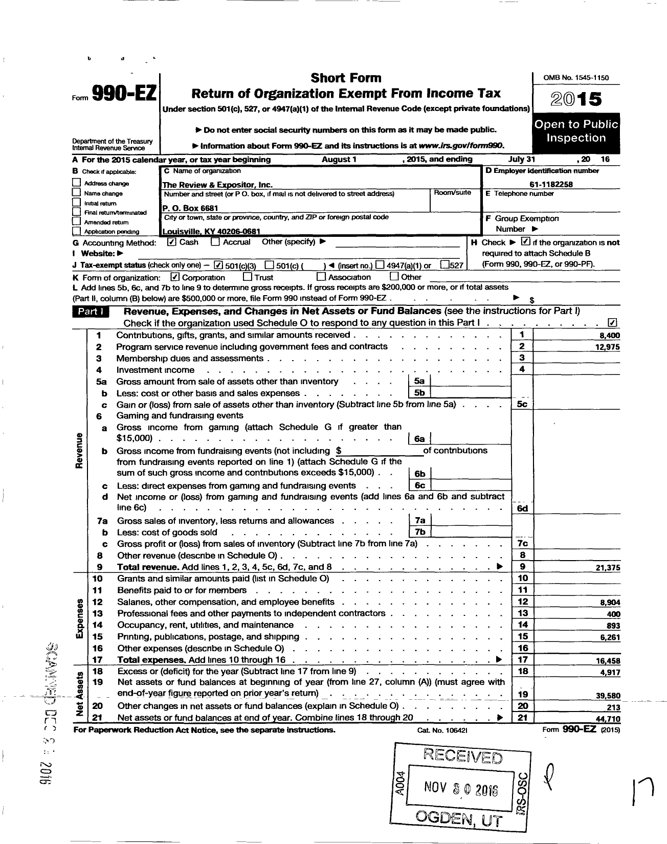 Image of first page of 2015 Form 990EZ for Review and Expositor