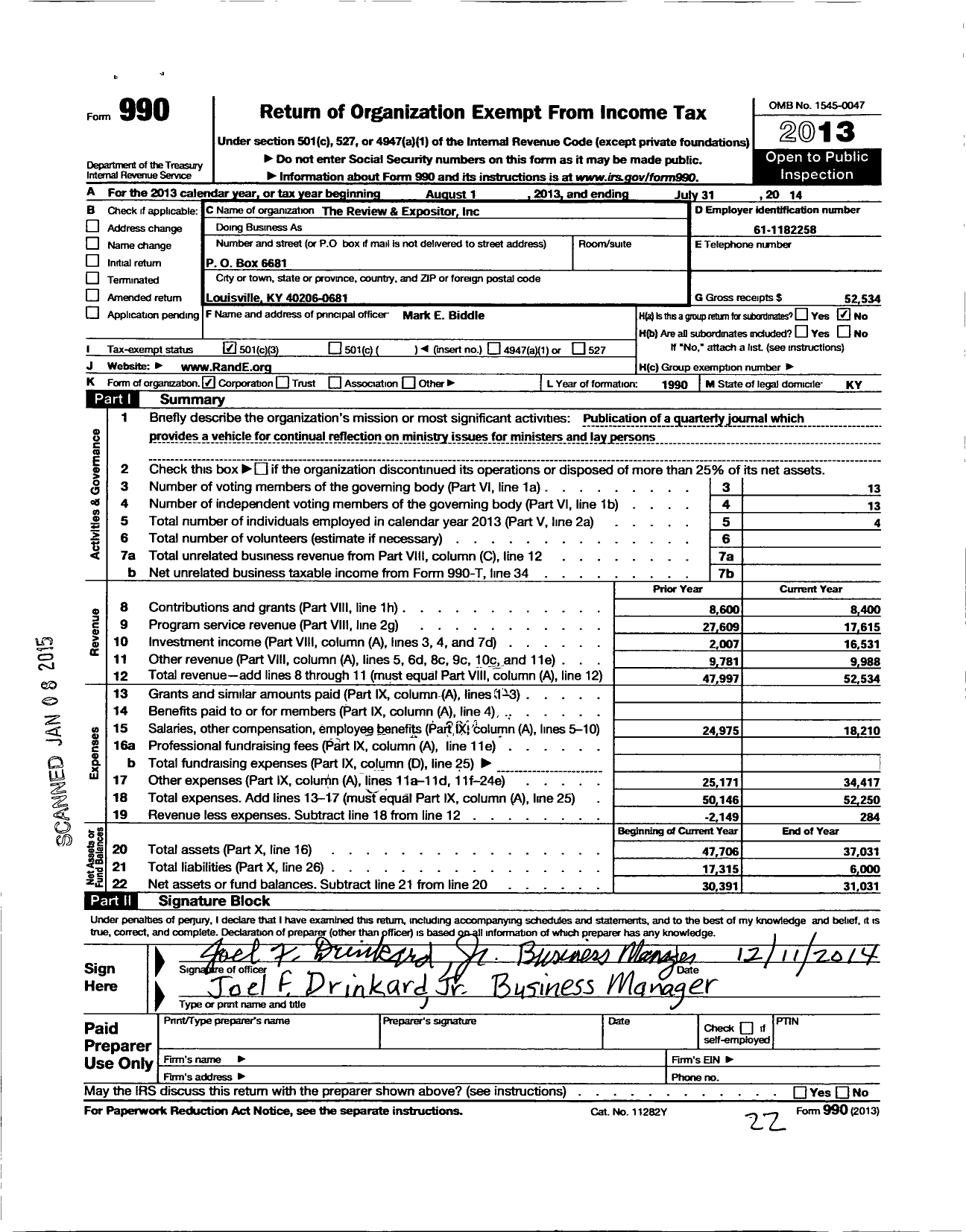 Image of first page of 2013 Form 990 for Review and Expositor