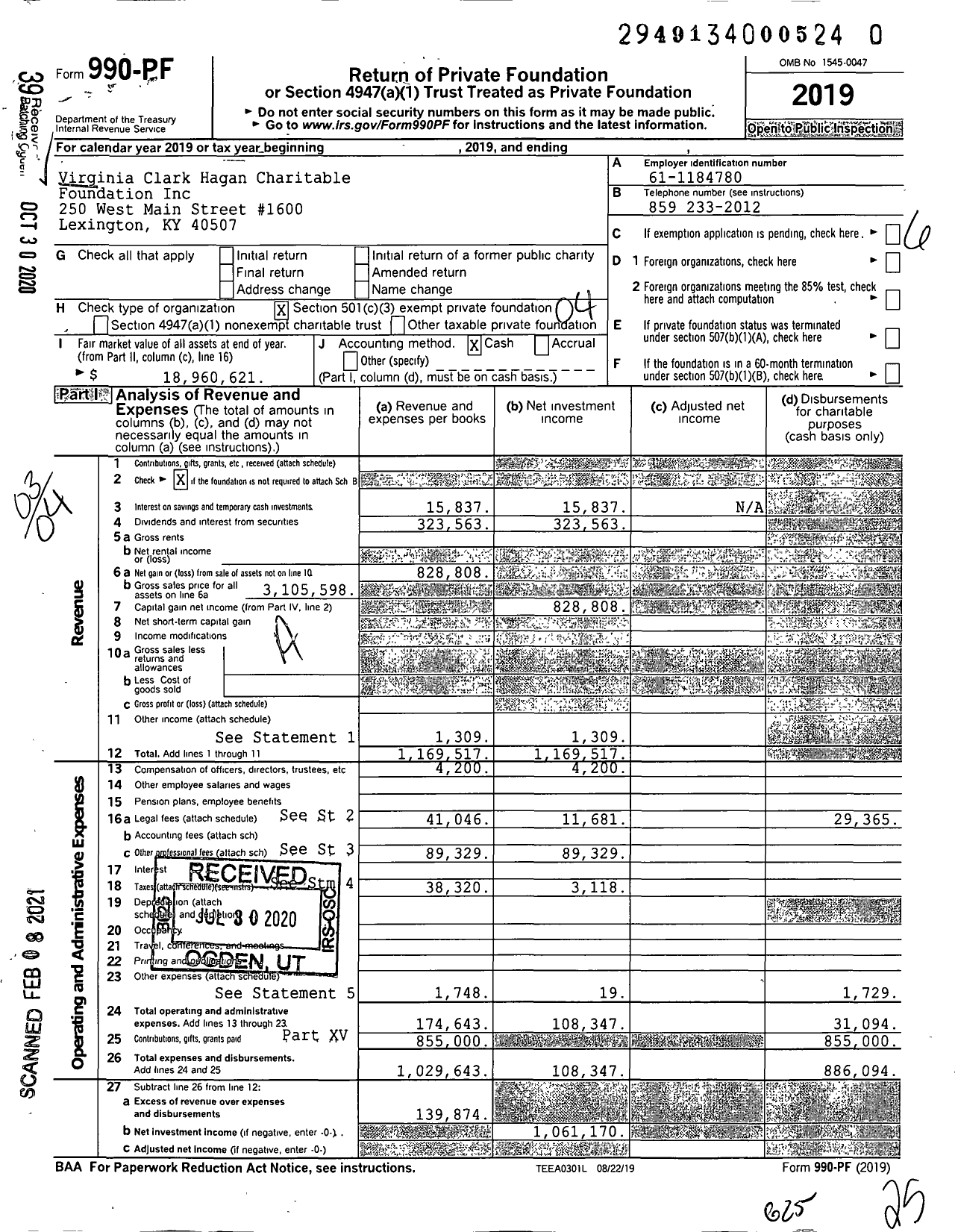 Image of first page of 2019 Form 990PF for Virginia Clark Hagan Charitable Foundation
