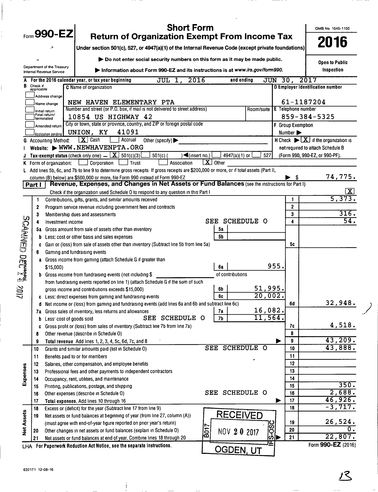 Image of first page of 2016 Form 990EZ for New Haven Elementary PTA