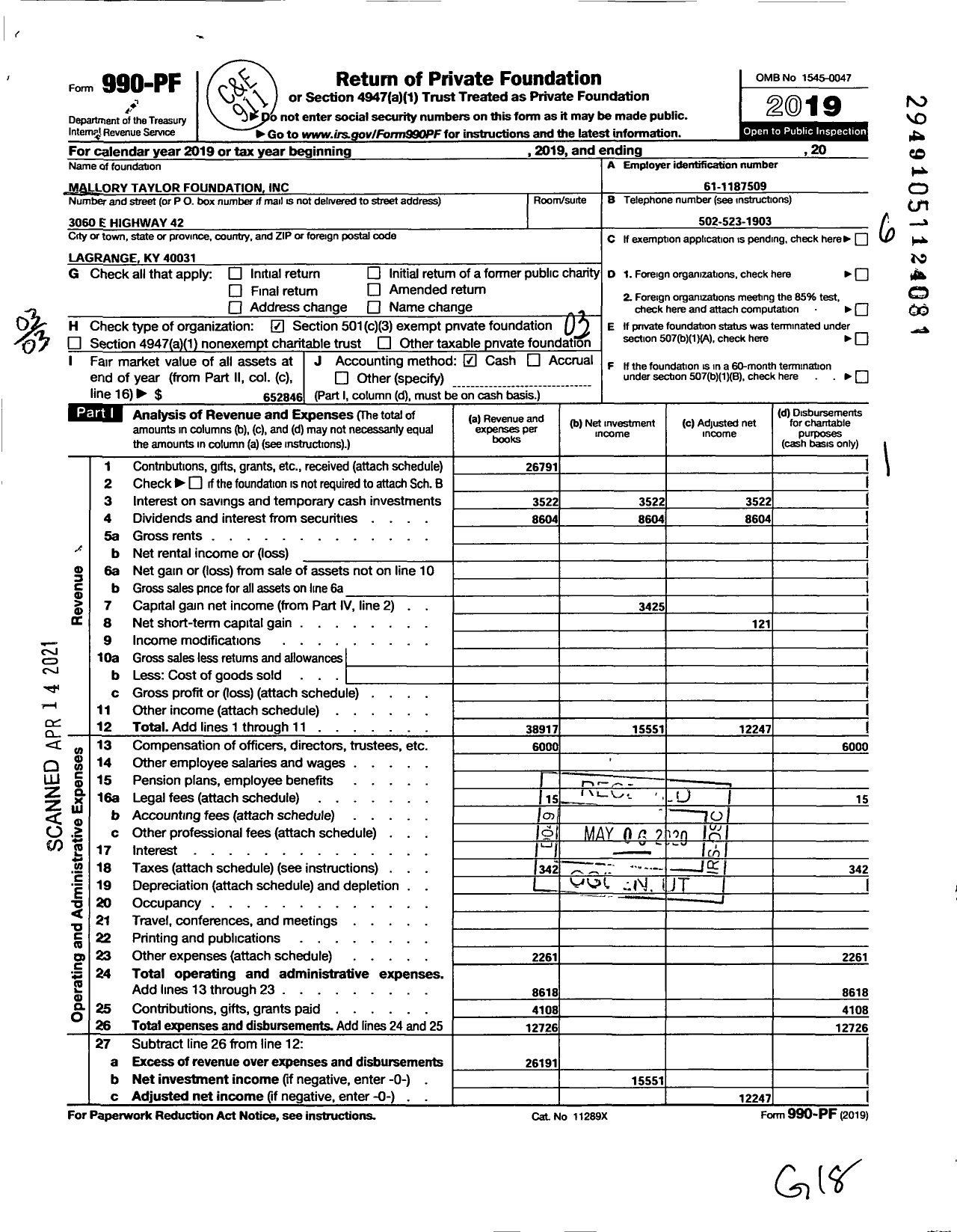 Image of first page of 2019 Form 990PF for Mallory Taylor Foundation