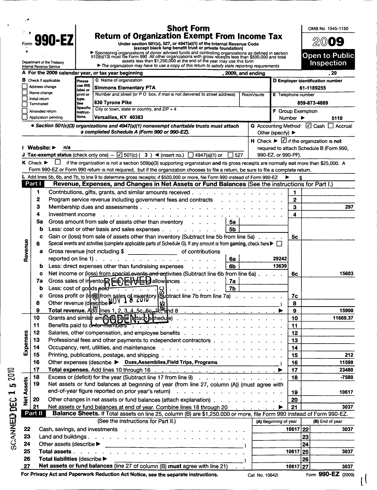 Image of first page of 2009 Form 990EZ for PTA Kentucky Congress / Simmons Elem PTA