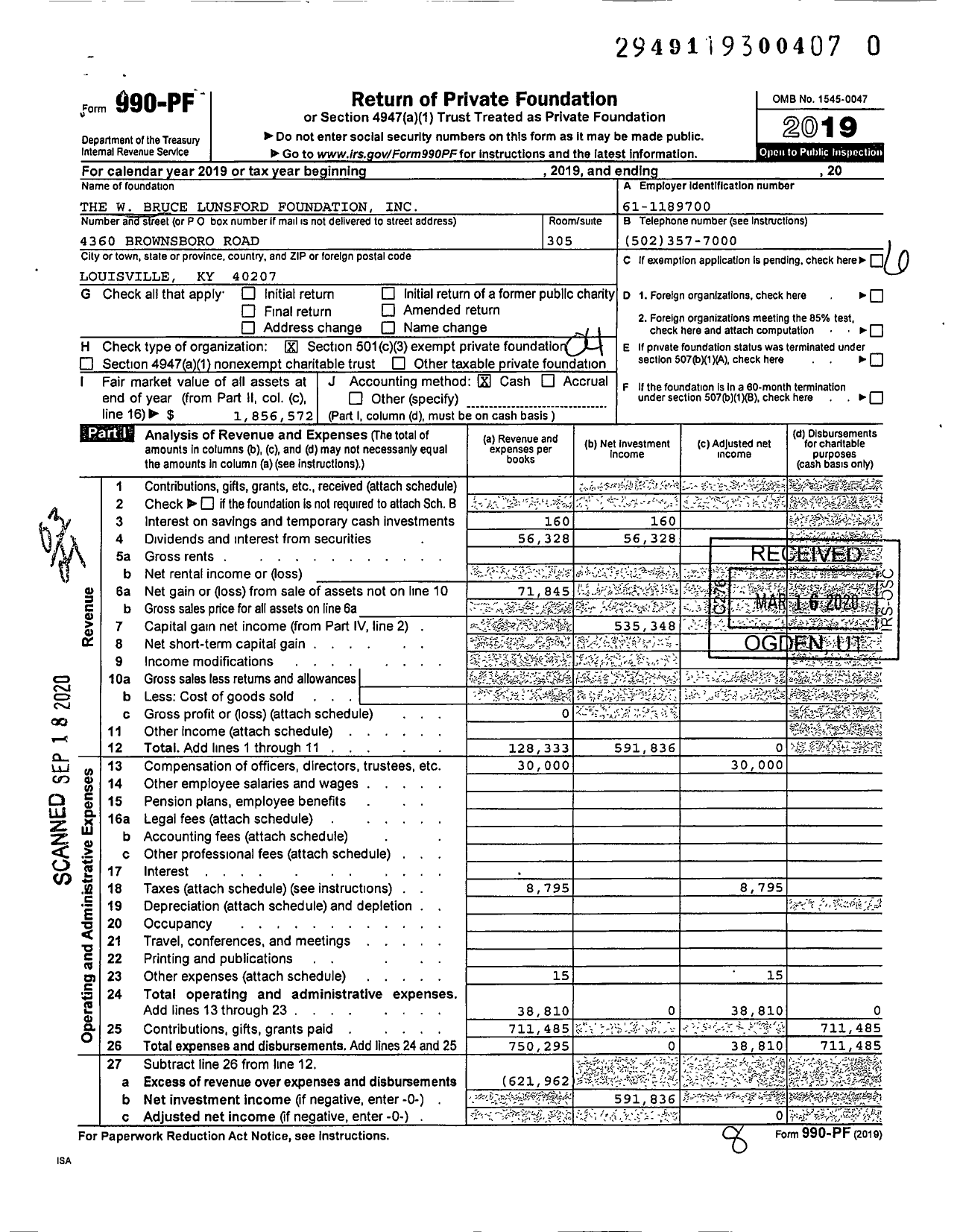 Image of first page of 2019 Form 990PR for The W Bruce Lunsford Foundation