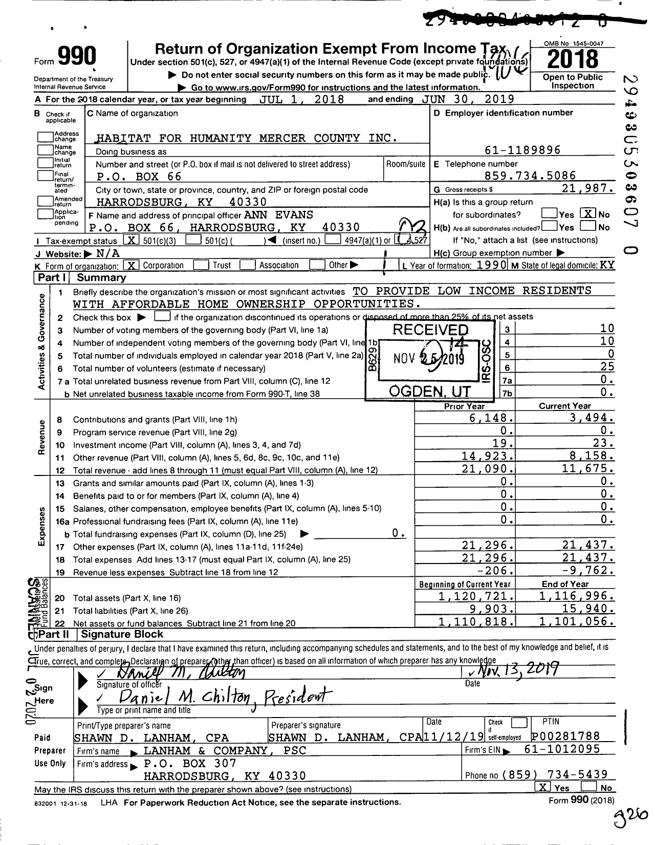 Image of first page of 2018 Form 990 for Habitat for Humanity - Mercer County HFH