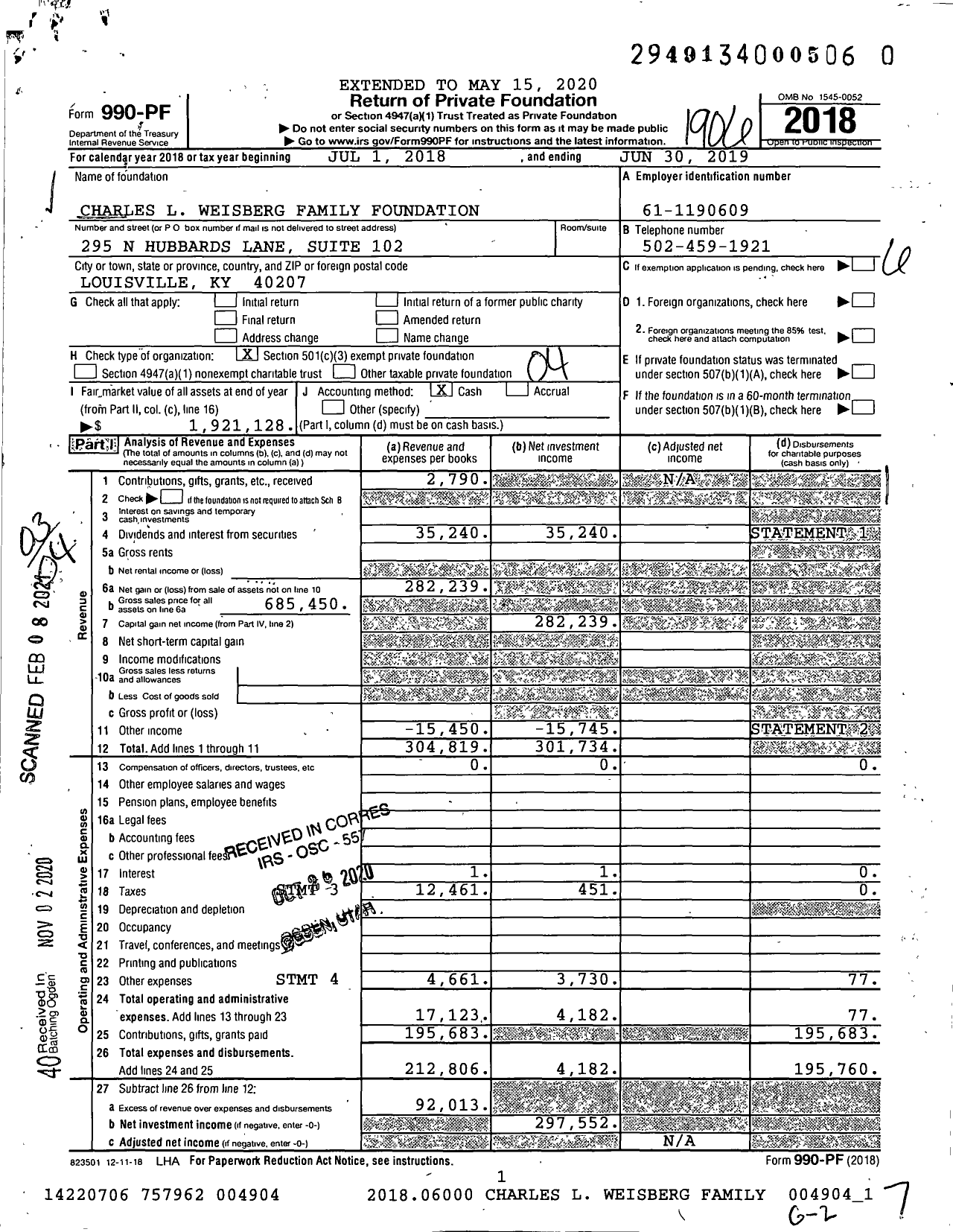 Image of first page of 2018 Form 990PF for Charles L Weisberg Family Foundation