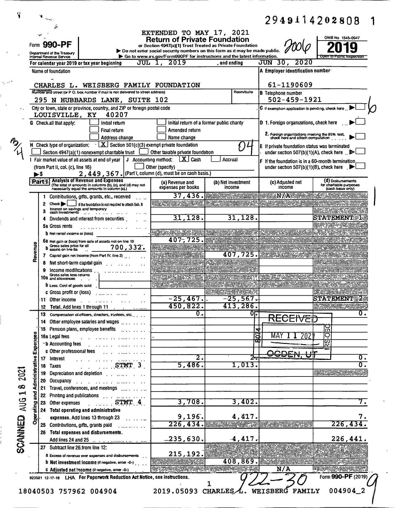 Image of first page of 2019 Form 990PF for Charles L Weisberg Family Foundation