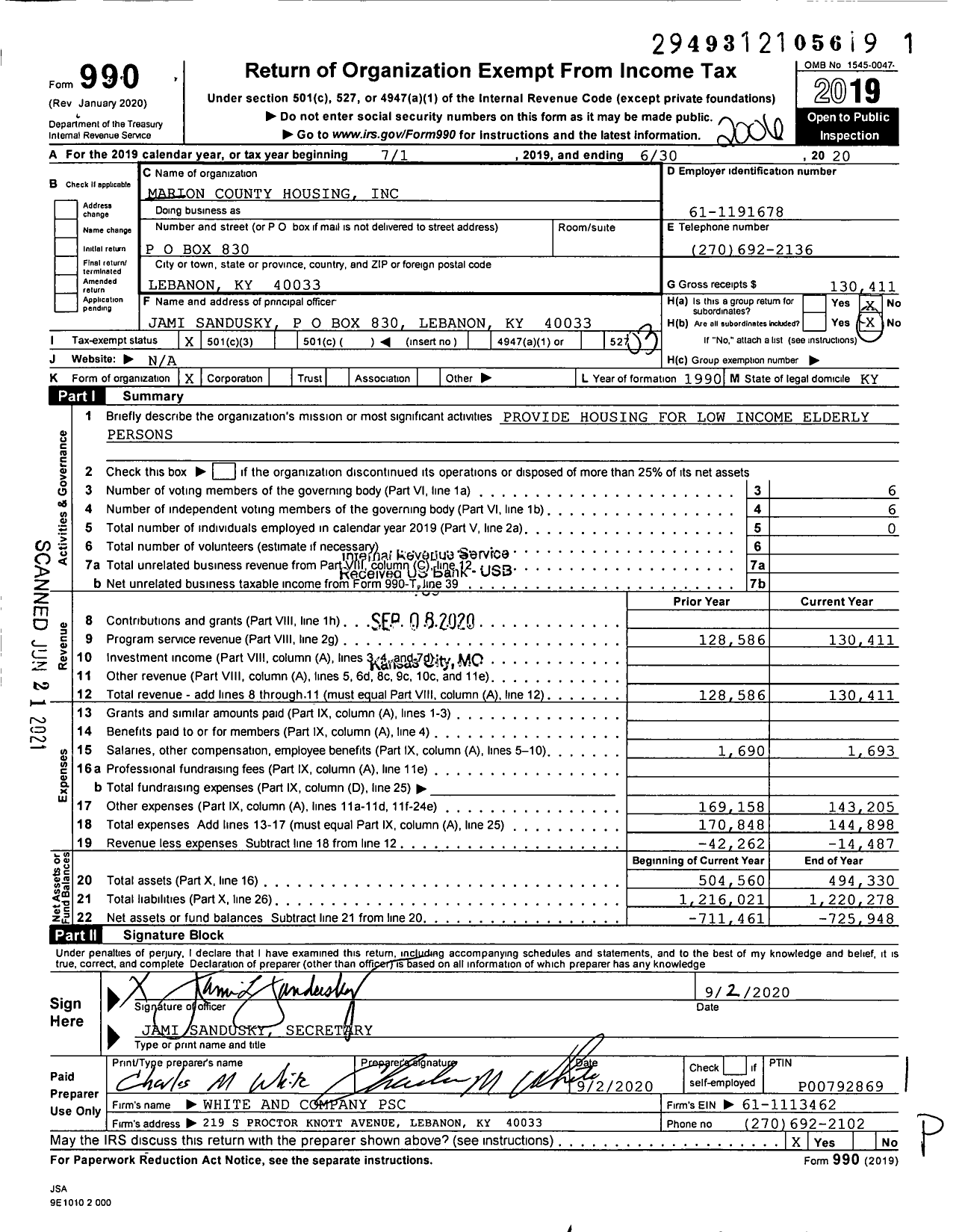 Image of first page of 2019 Form 990 for Marion County Housing