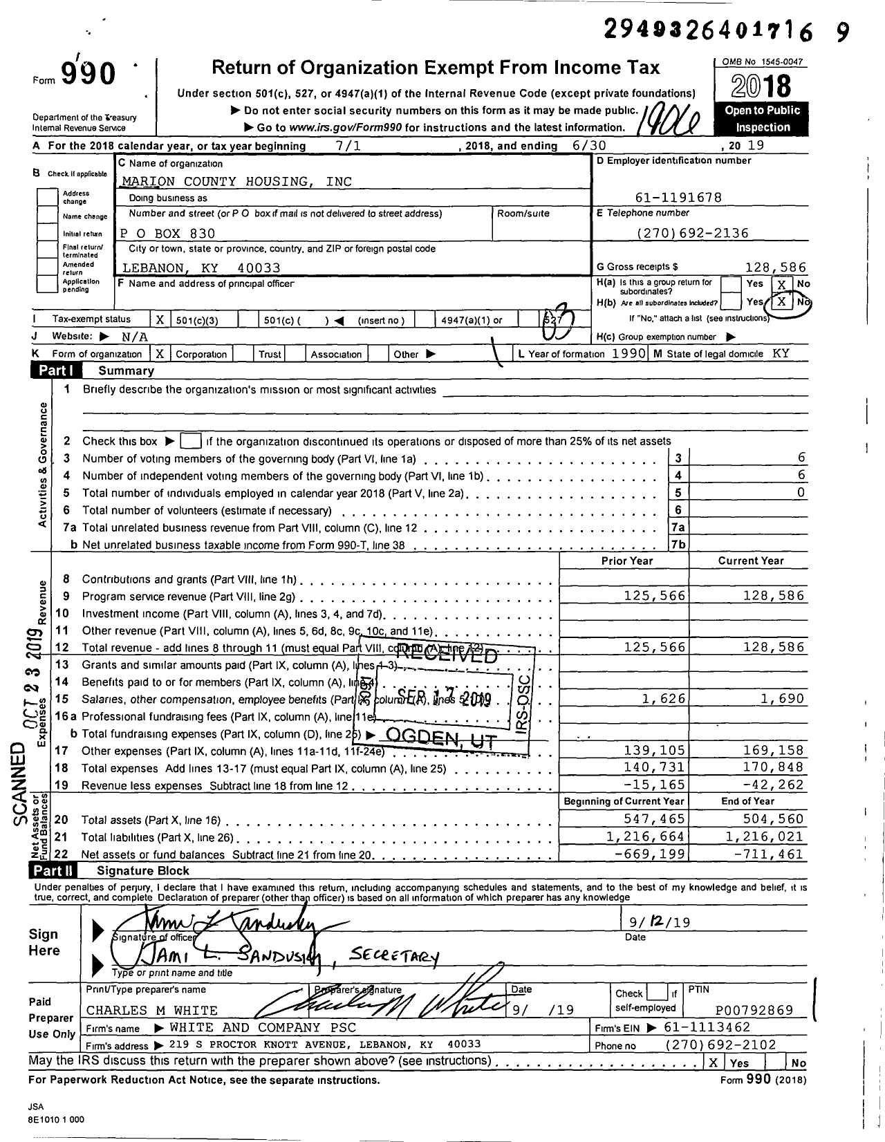 Image of first page of 2018 Form 990 for Marion County Housing